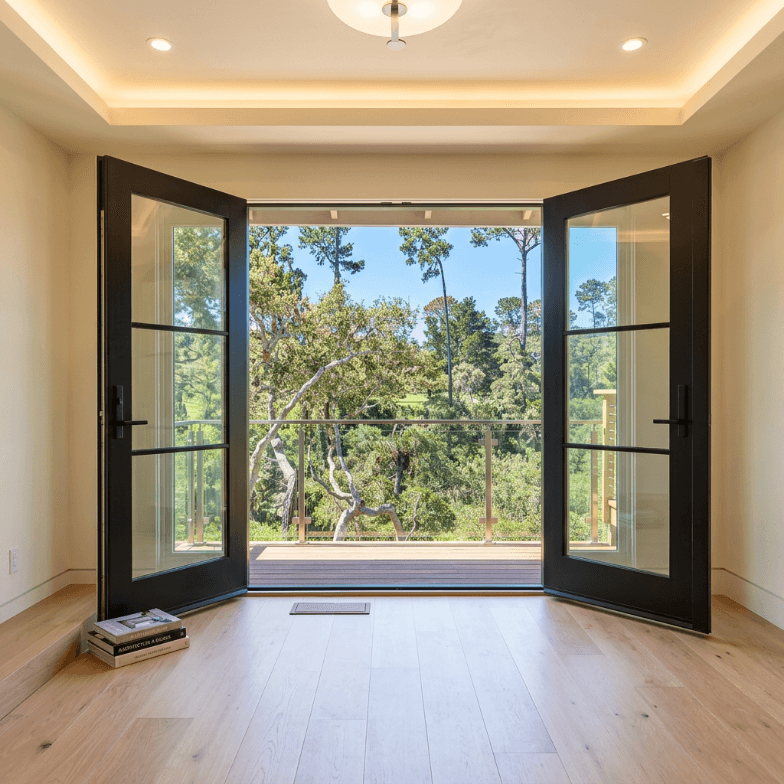 Open French doors framing a tree-lined MPCC golf course view from a Golf Houses Co restoration — Monterey Peninsula