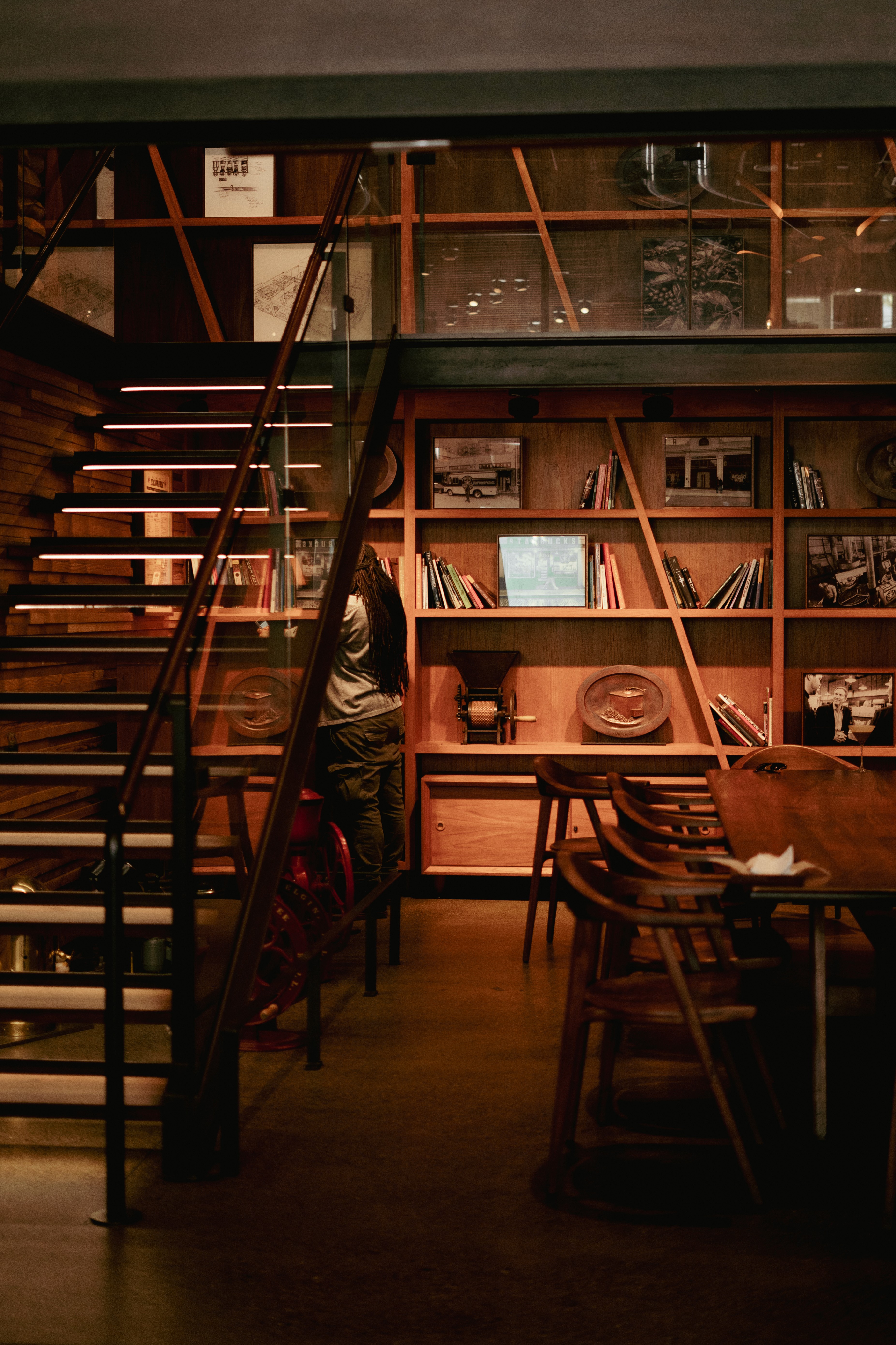 Bookshelf area in a coffee shop.