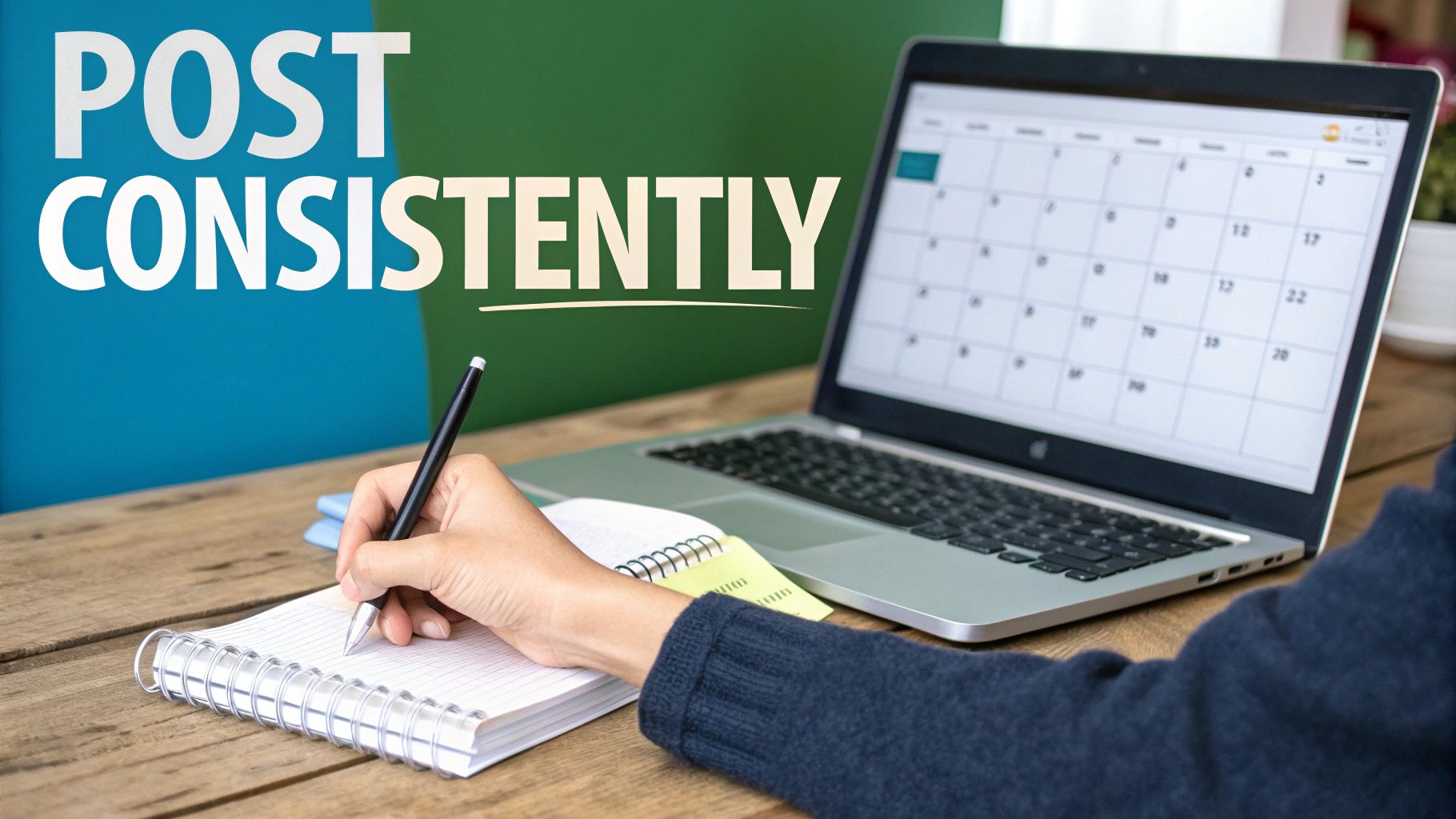 A person writes in a notebook next to a laptop showing a calendar, emphasizing consistent posting.