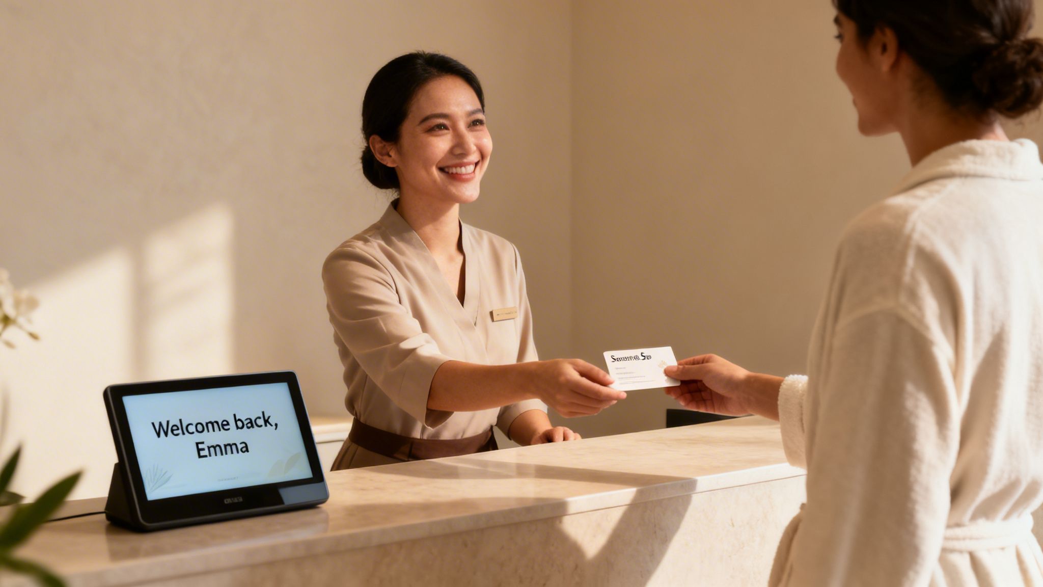 Smiling hotel receptionist hands a key card to a guest, a tablet displays 'Welcome back, Emma'.