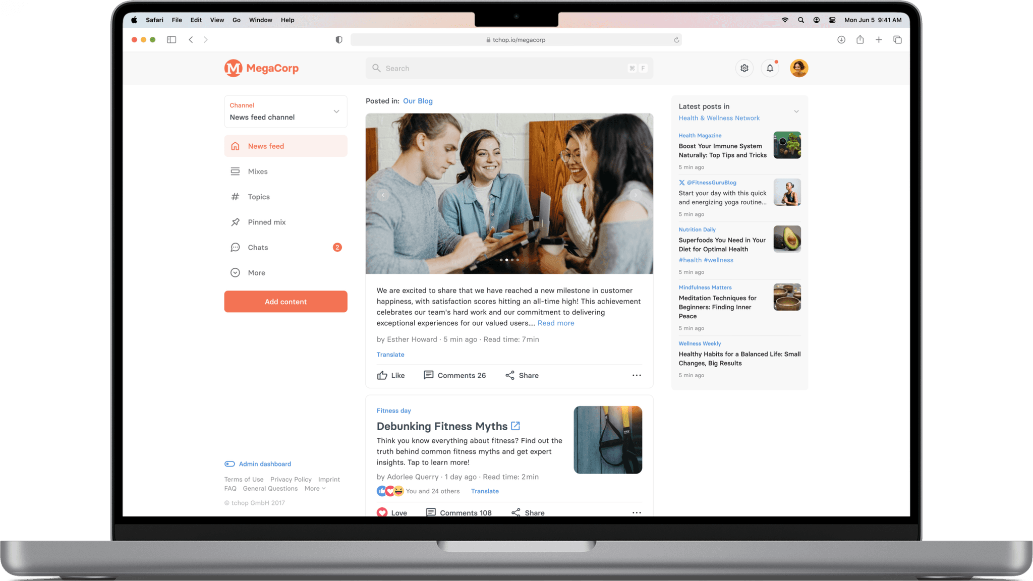 Collaborative workspace showcasing team discussions and community updates within a customised tchop™ platform, highlighting seamless content sharing and user engagement across topics and posts.