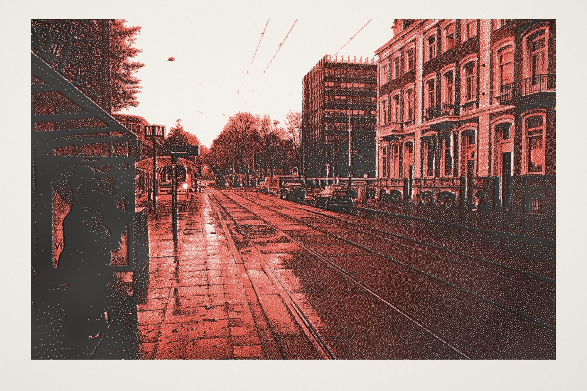 red and black risograph of a wet tram street