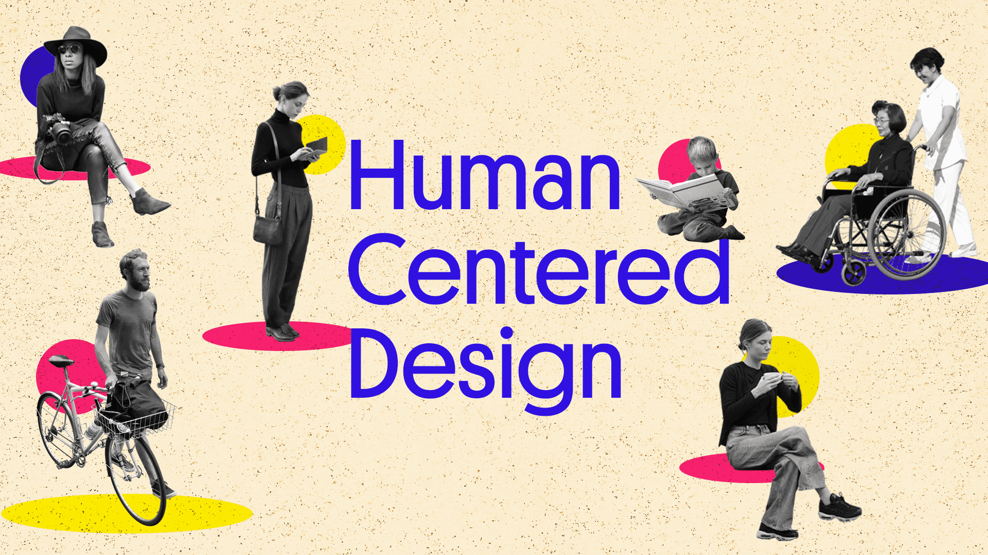 Illustration featuring diverse individuals and the text "Human Centered Design" on a light background.