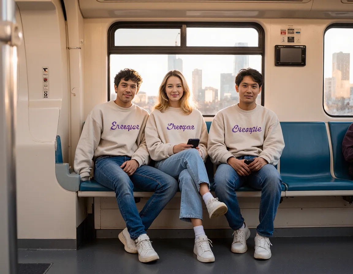 Three people in matching cream sweatshirts with purple script sitting side by side on a subway train with city skyline visible through windows