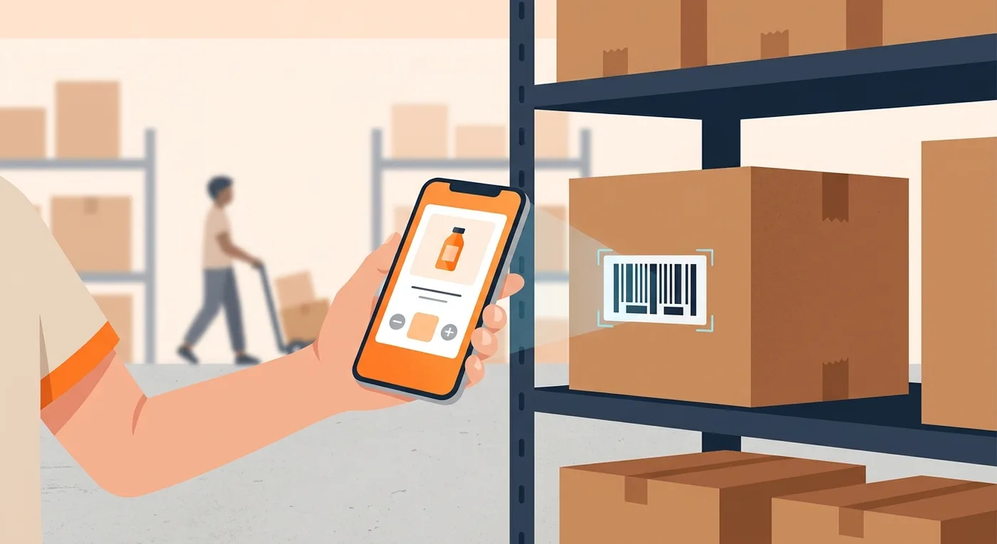 Phone camera scanning a barcode on a stockroom box in a custom inventory management app