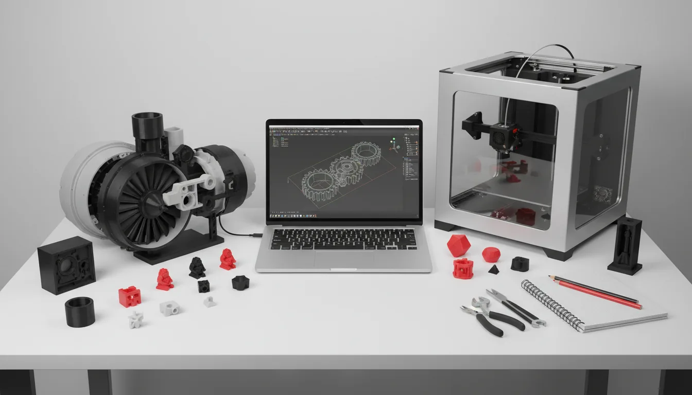 High-angle DSLR shot of a 3D printing and design workspace on a clean white desk, captured with sharp focus under bright, soft studio lighting. A silver laptop is open, displaying CAD software with a dark mode UI showing a 3D model of mechanical gears. To the right is a modern FDM 3D printer with a brushed metal frame and clear panels. To the left stands a large, intricate 3D printed model of a jet engine turbine made from matte black and grey plastic. The desk is scattered with smaller 3D printed parts in red, black, and white, alongside tools like pliers and wrenches, and a few colored pencils next to a notebook.