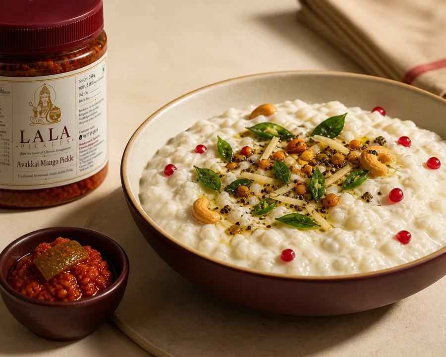 A bowl of curd rice with a small serving of LALA Avakkai Mango Pickle and the Avakkai jar beside it.