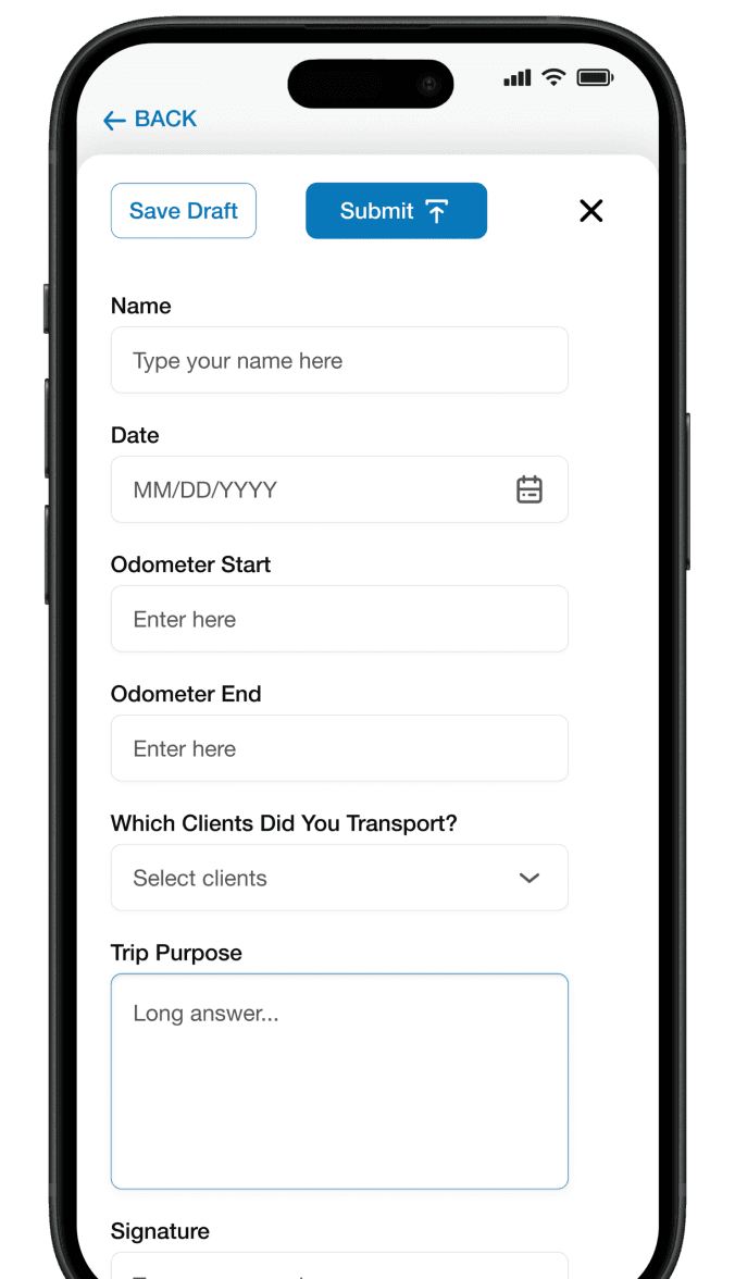 Transportation form in mobile app.
