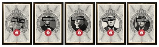 an array of five black and white portraits with faces of the peopl;e covered with a black stripe with white text on it