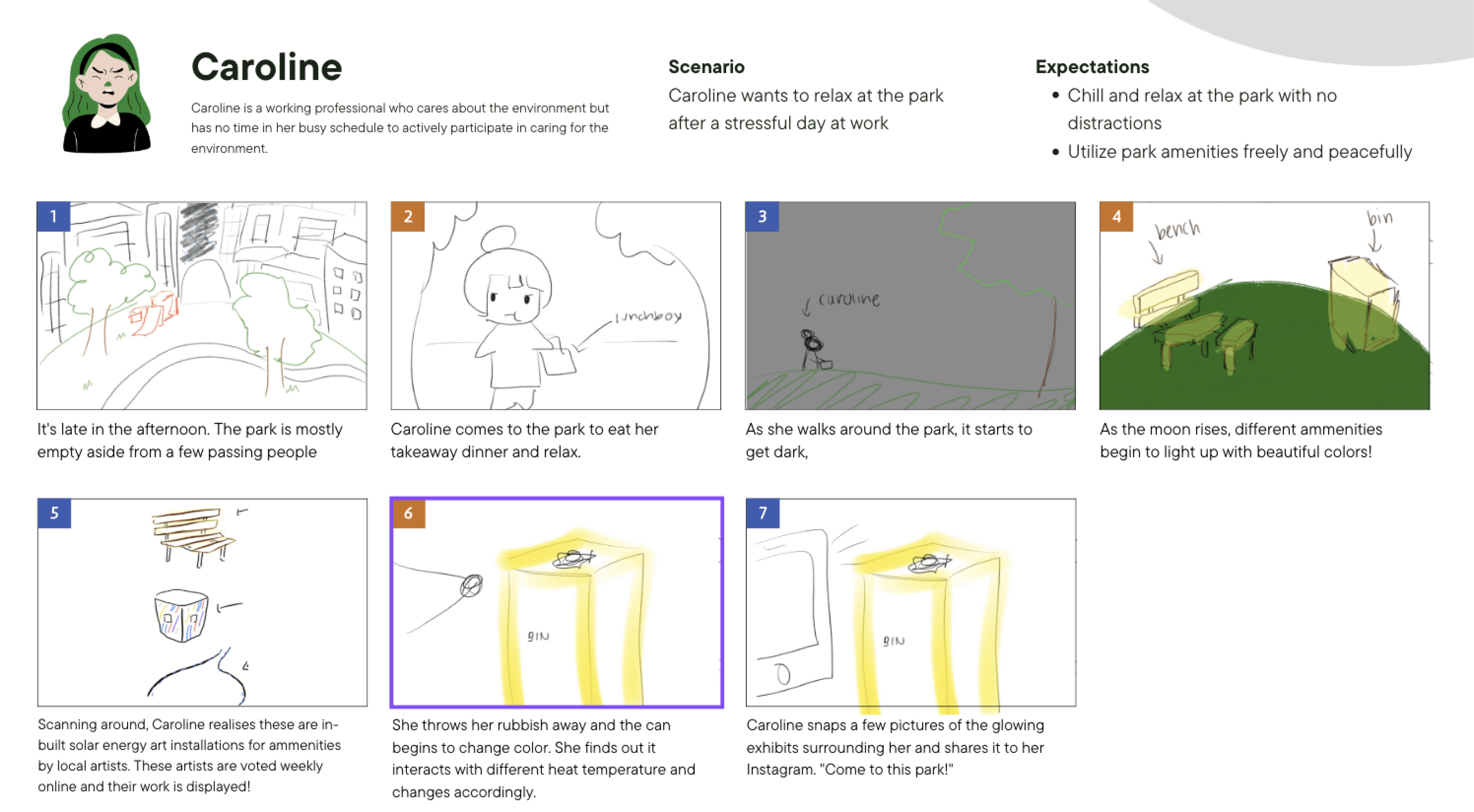 A polished seven-frame digital storyboard illustrating Caroline visiting the park after work, discovering smart mushroom bins that glow in response to waste disposal, and sharing it on Instagram.