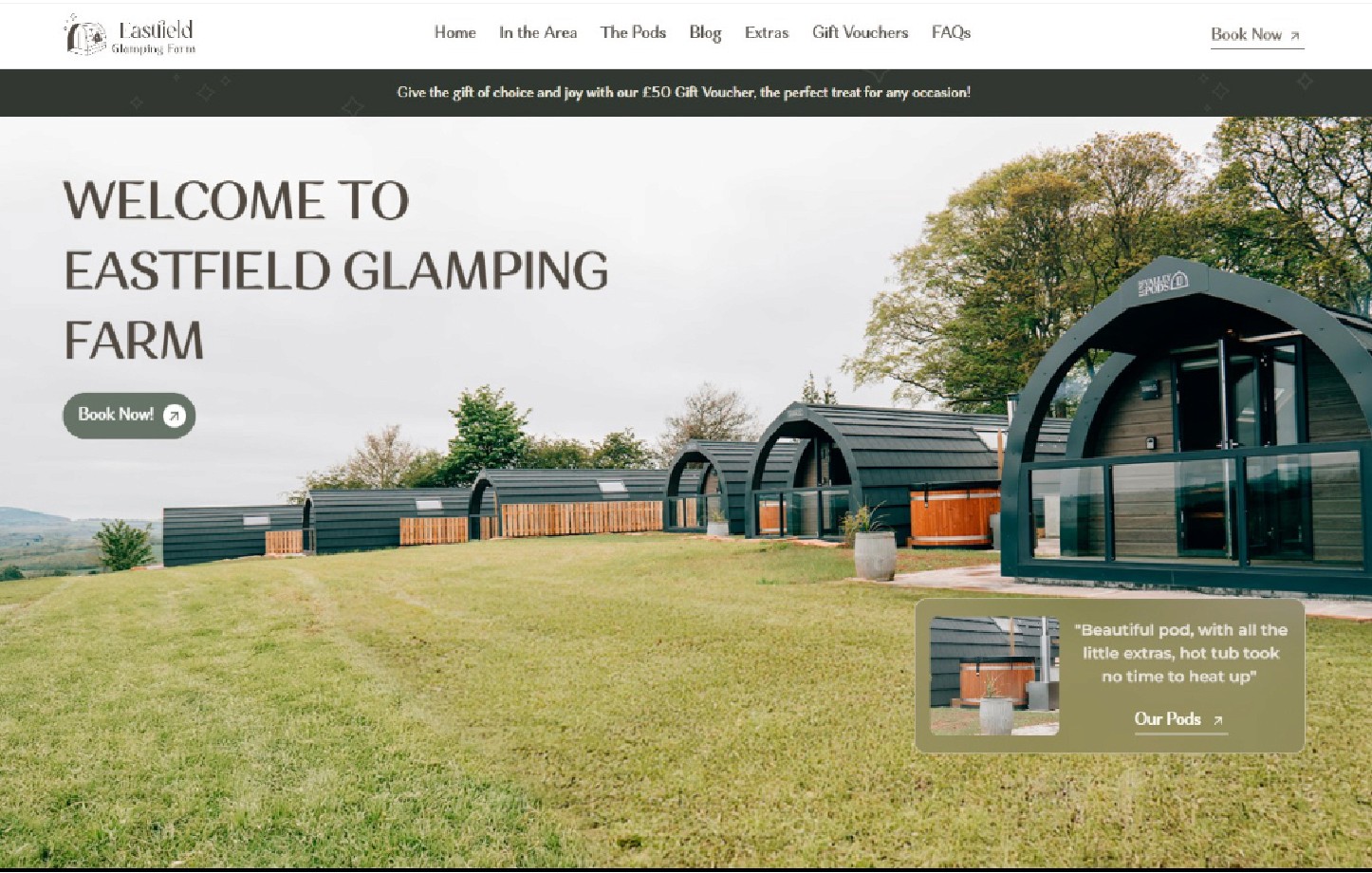A Screenshot of the Eastfield Glamping Farm website. 