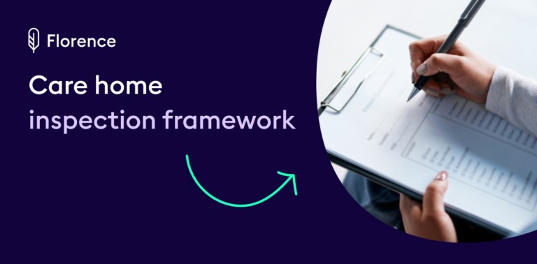 A Florence guide graphic on dark navy with text "care home inspection framework" alongside a person completing paperwork, representing UK care home regulatory inspection