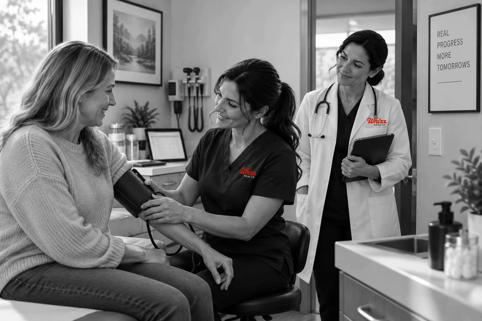 Whizz Health research coordinator taking a study patient's blood pressure while the physician looks on