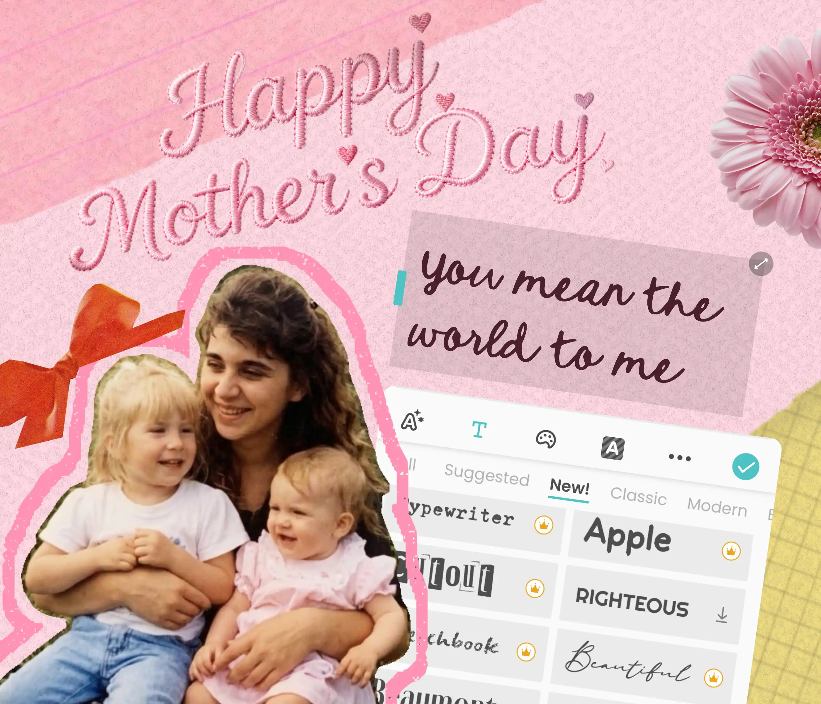 Customizing a Mother's Day card message 'You mean the world to me' with photo and font options
