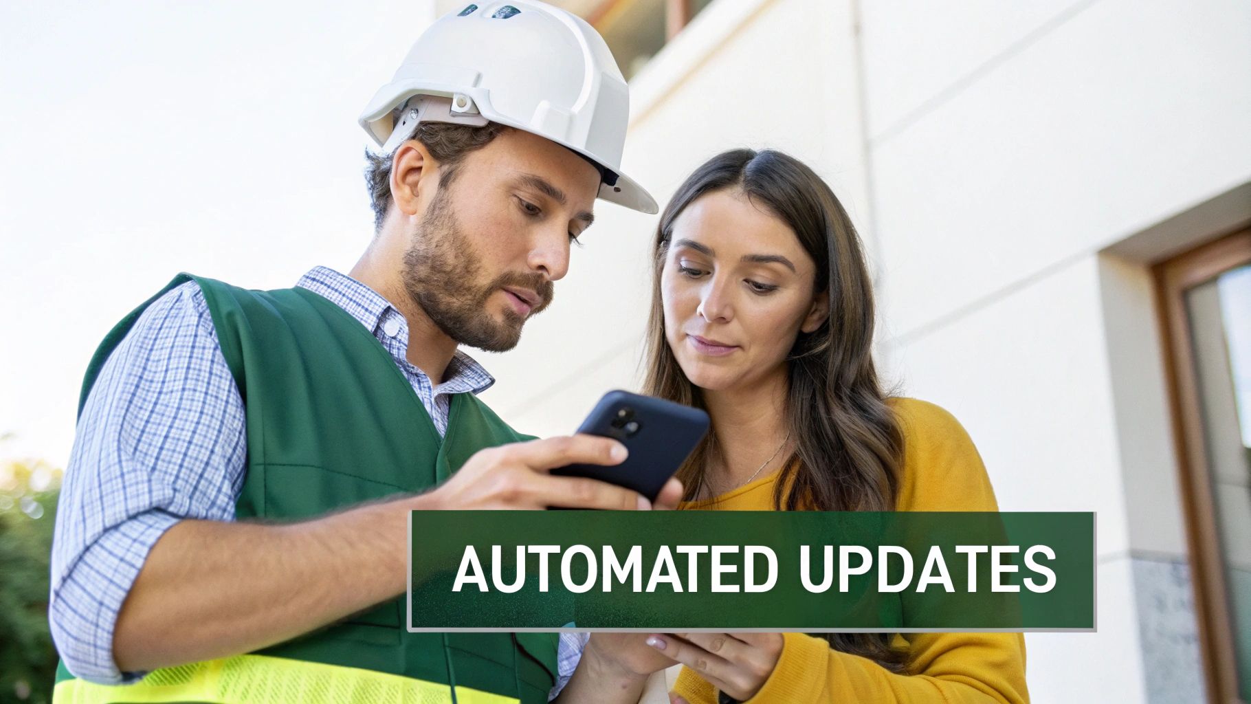 A construction worker and a woman review information on a smartphone, possibly about automated updates.