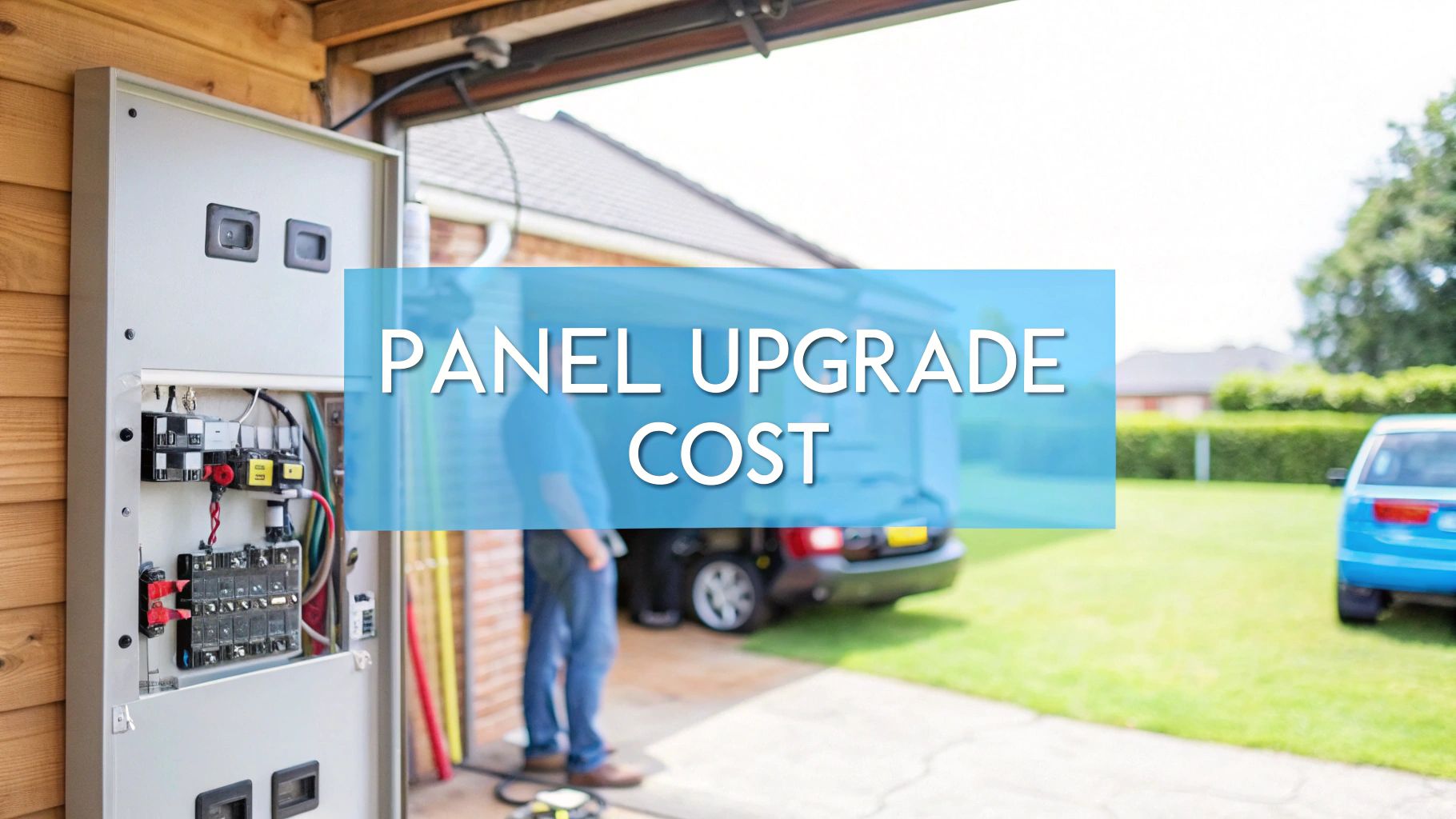 a electrical panel on a wooden wall with a yard in the background