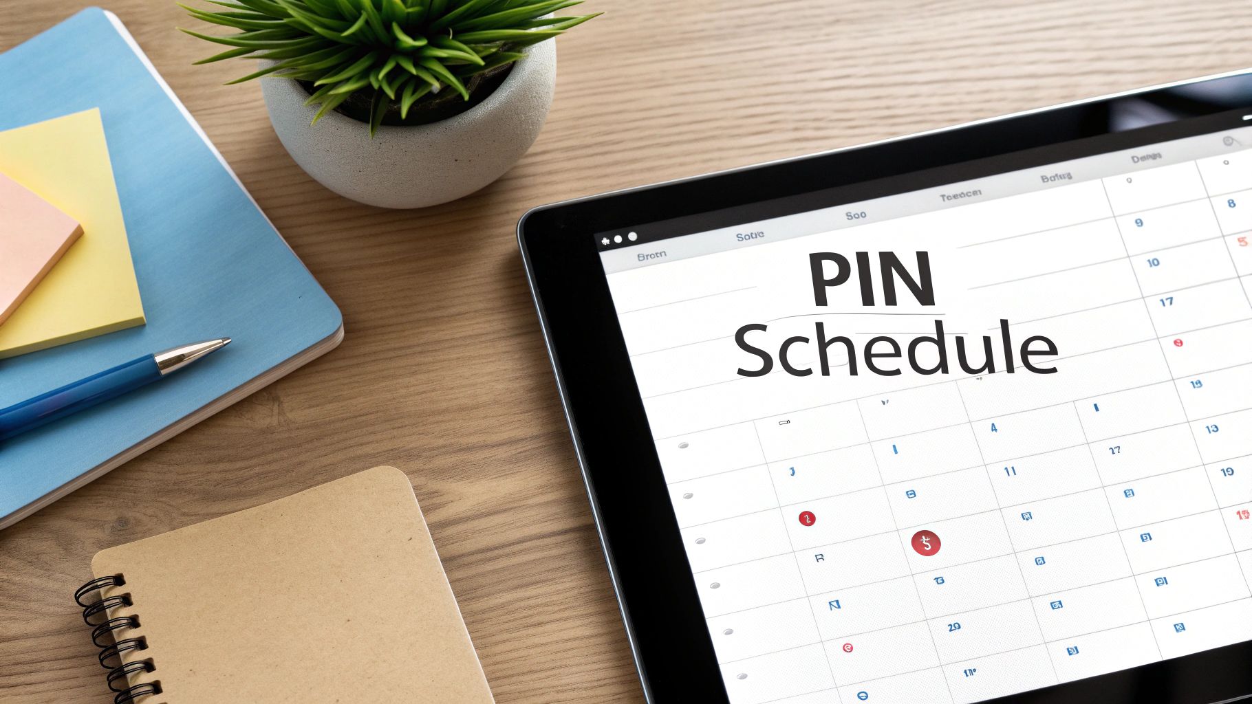 A tablet on a wooden desk displays a calendar with 'PIN Schedule', surrounded by office supplies.