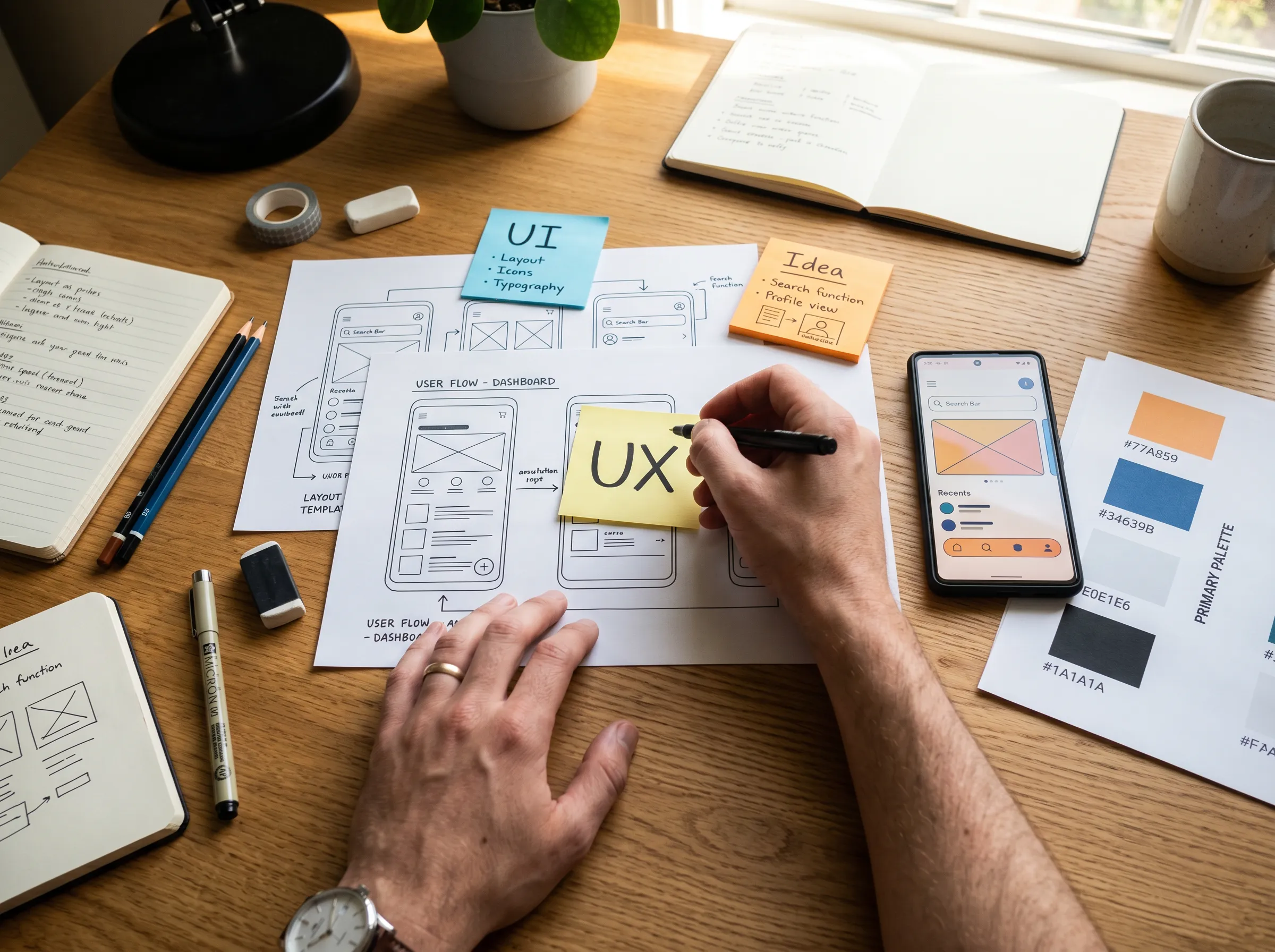 UI/UX design workspace showing wireframes, UX sketches, and mobile app layout planning with notes and smartphone on a wooden desk.