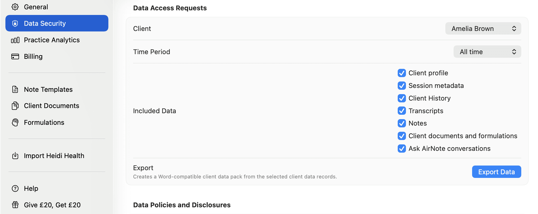Data Security selected, with the Data Access Requests section and its export controls visible.