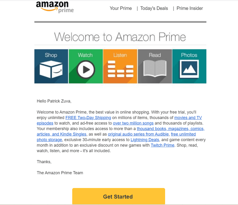 email notification of the start of the Amazon Prime free trial 1