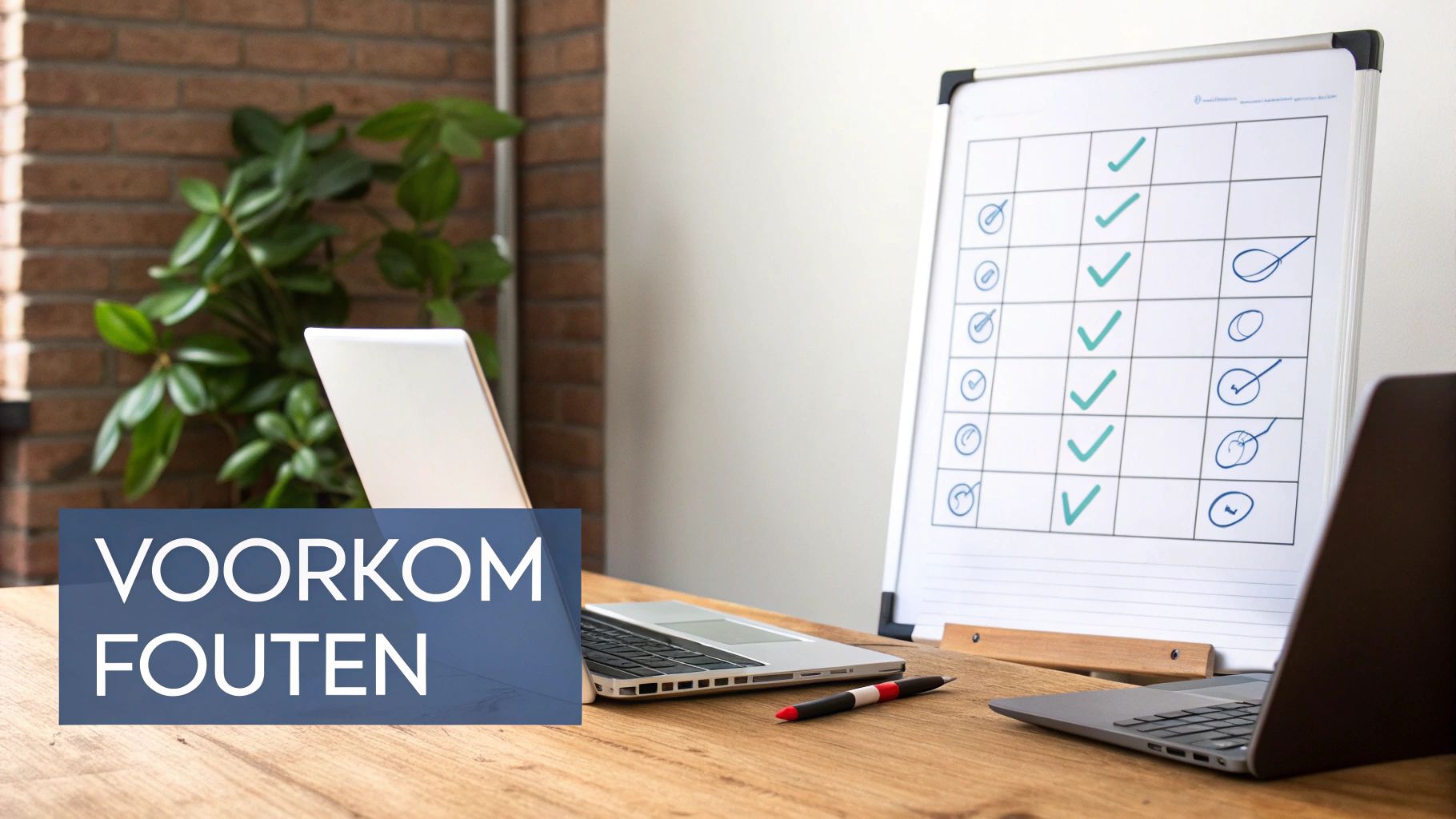 Een kantoorwerkplek met laptops, een pen en een whiteboard met een checklist en de tekst 'VOORKOM FOUTEN'.