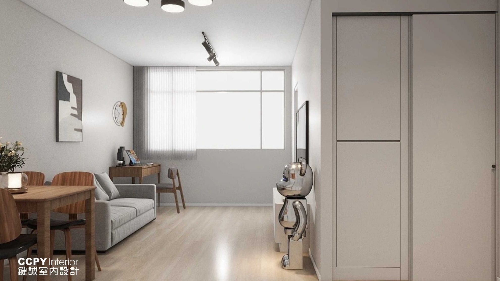 Modern living room with sofa, desk, and robot statue.