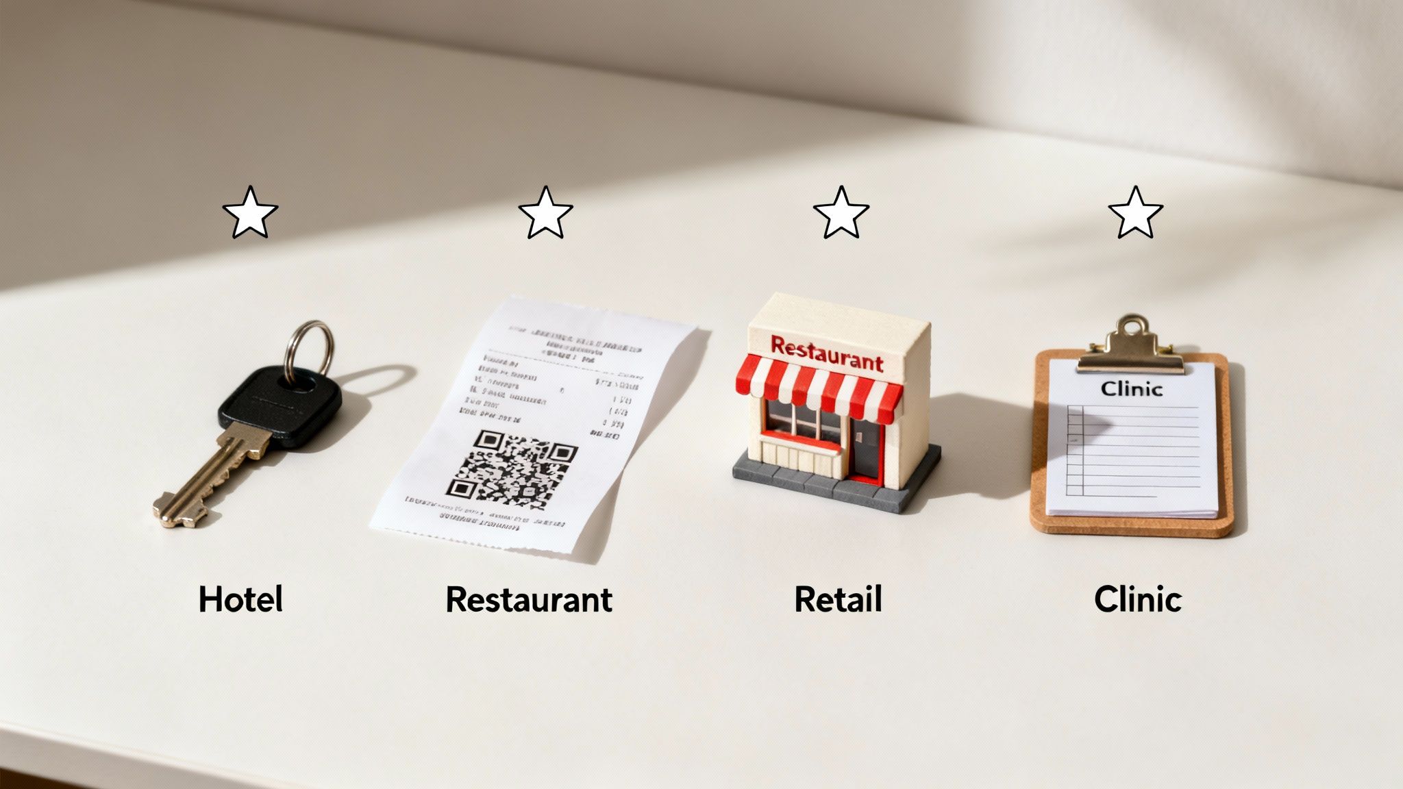 A key, receipt, miniature restaurant, and clinic clipboard represent different business categories.