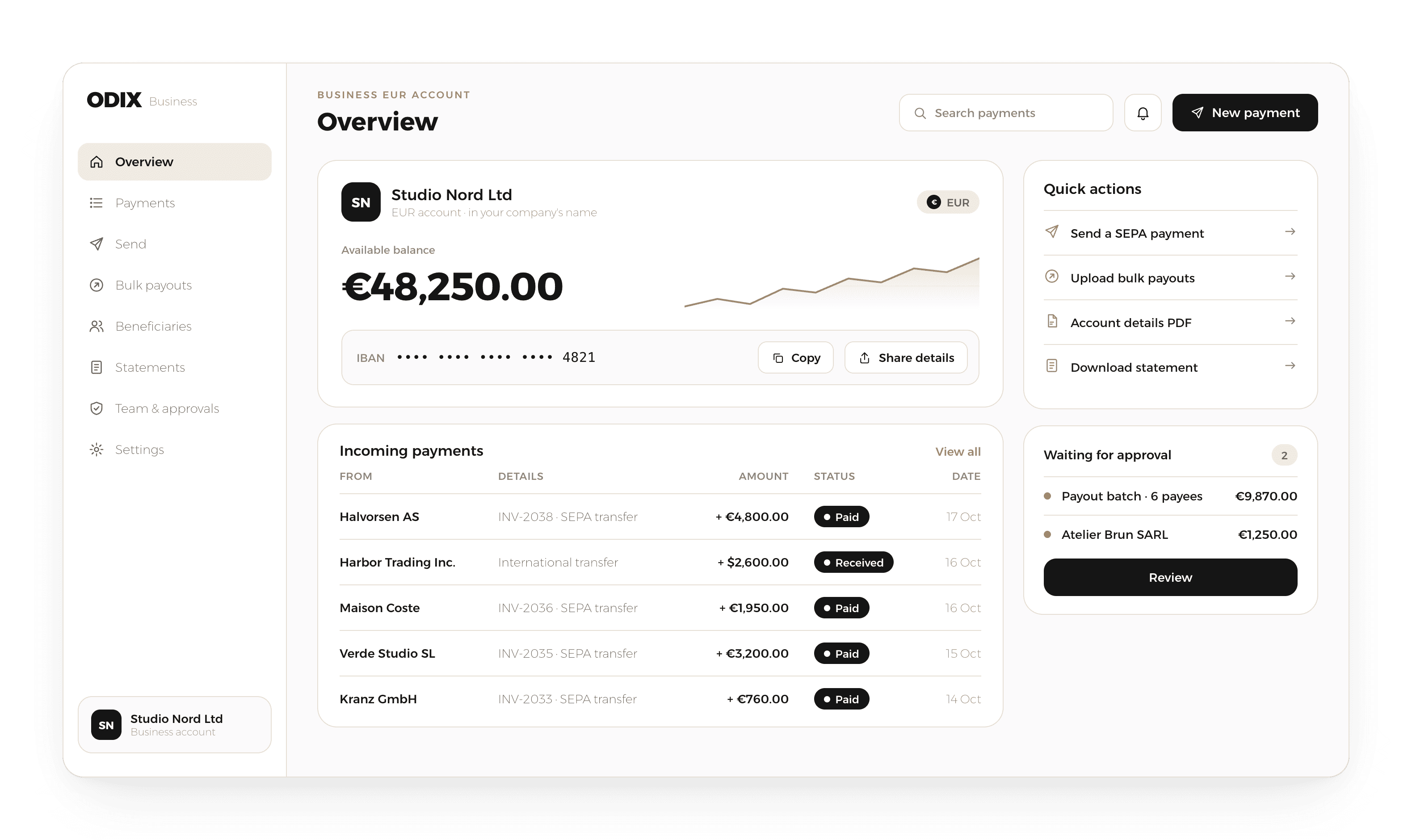 Business account overview with balance, IBAN and incoming payments