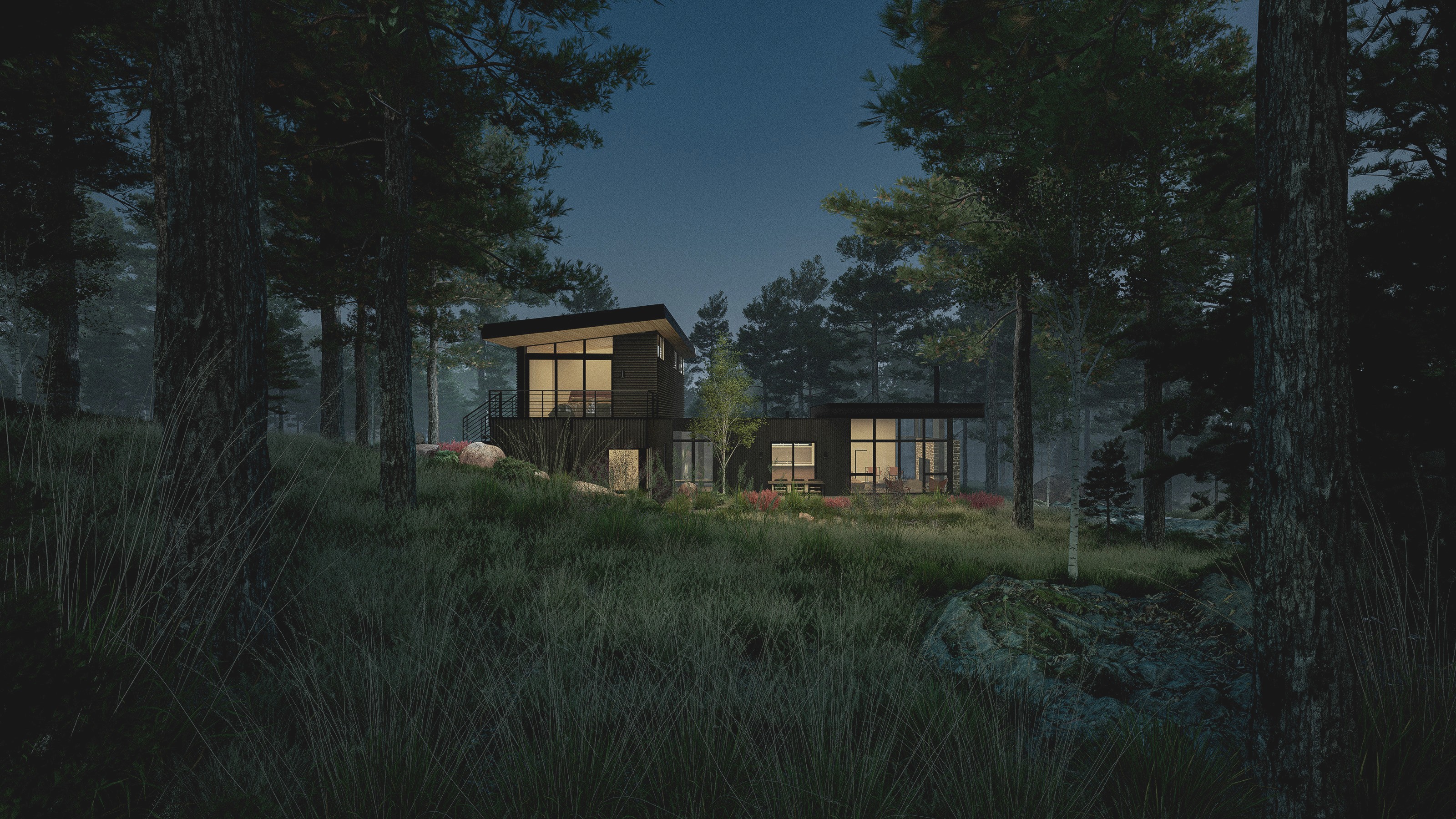 Night view of the mordern dark home, lit from within with alternating roof forms stepping down the gentle hill.