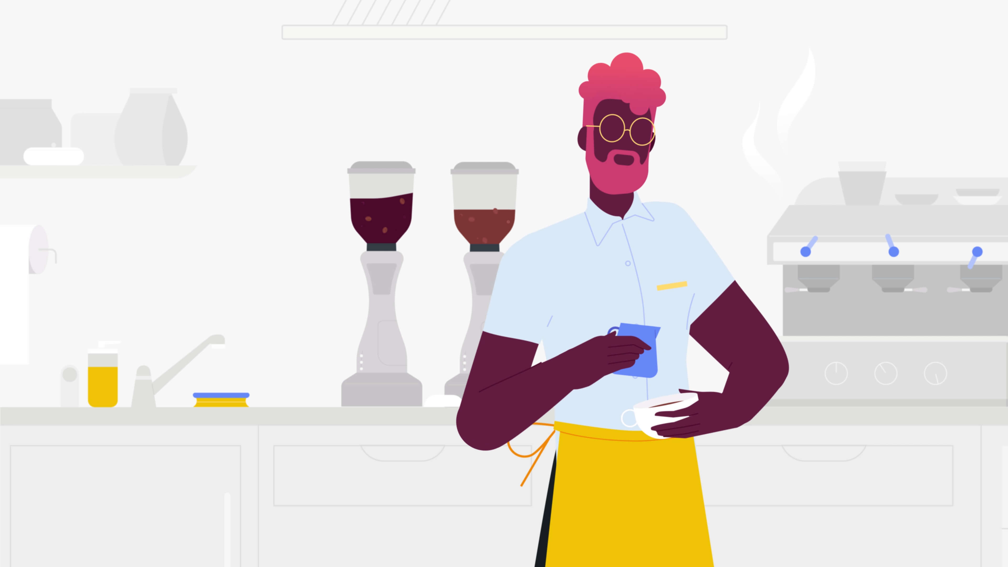 colourful simplified illustration of a bartender on a hotel kitchen background