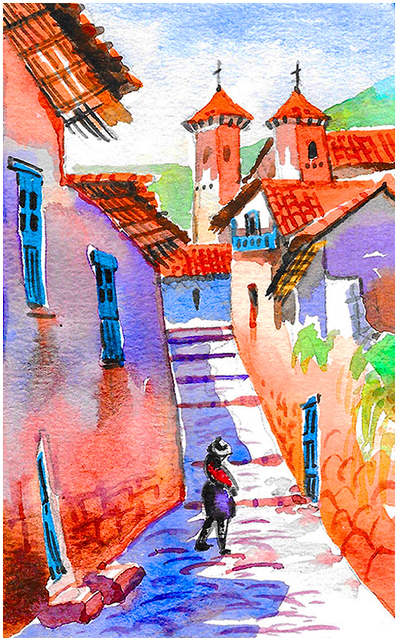 Watercolor illustration of a narrow alley in Cusco with stairs, colorful facades and small architectural details leading toward church towers.