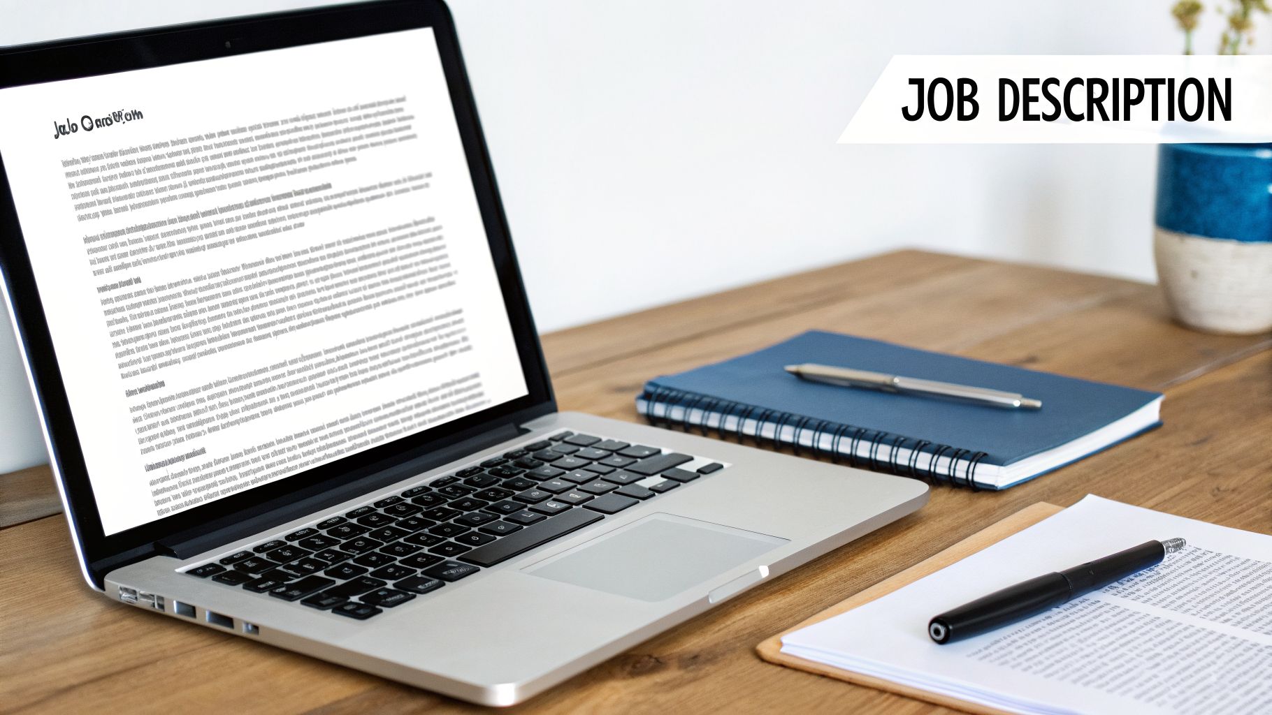 Laptop screen displaying a job description document, with a notebook, pens, and paper on a wooden desk.