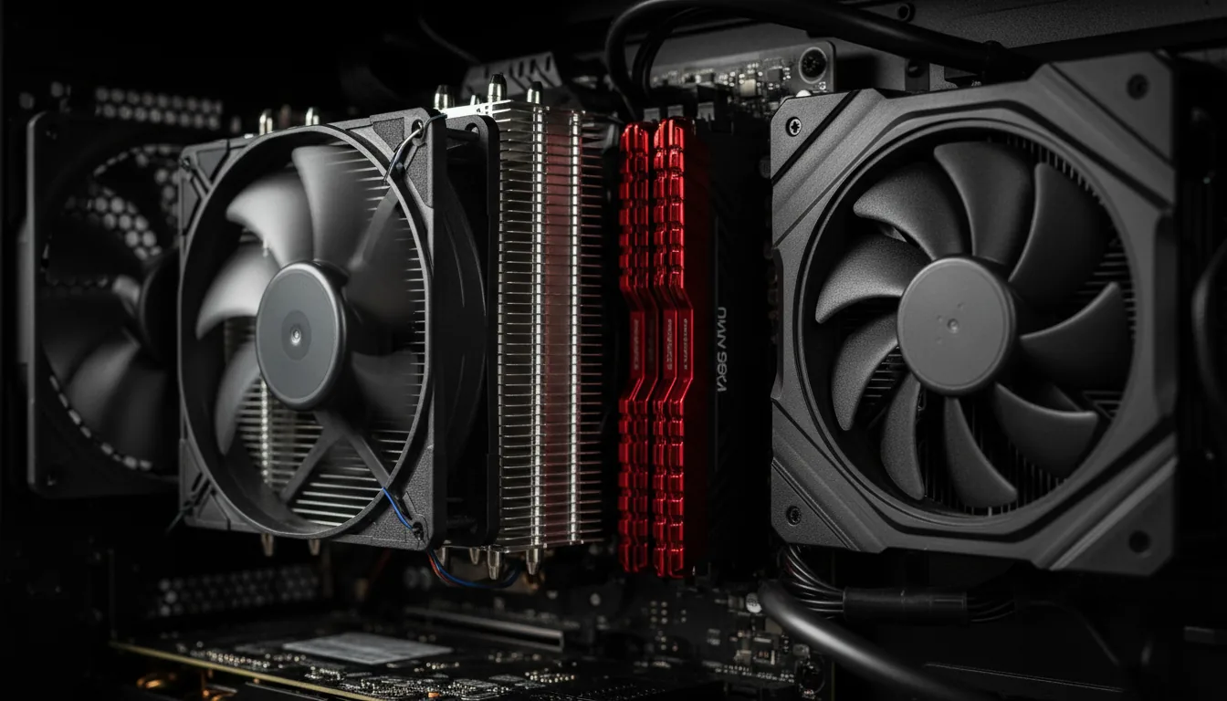 DSLR macro photograph of the interior of a high-performance PC workstation, cinematic contrast lighting. A large black CPU air cooler with a spinning fan is prominent on the left, next to its tower-style heatsink made of brushed silver aluminum. Two sticks of high-performance RAM with vibrant red metallic heat spreaders are in sharp focus, installed on a dark, complex motherboard. The background components are slightly blurred with a shallow depth of field. The scene is filled with deep shadows and specular highlights on the metal and plastic textures, creating a powerful, high-tech aesthetic.