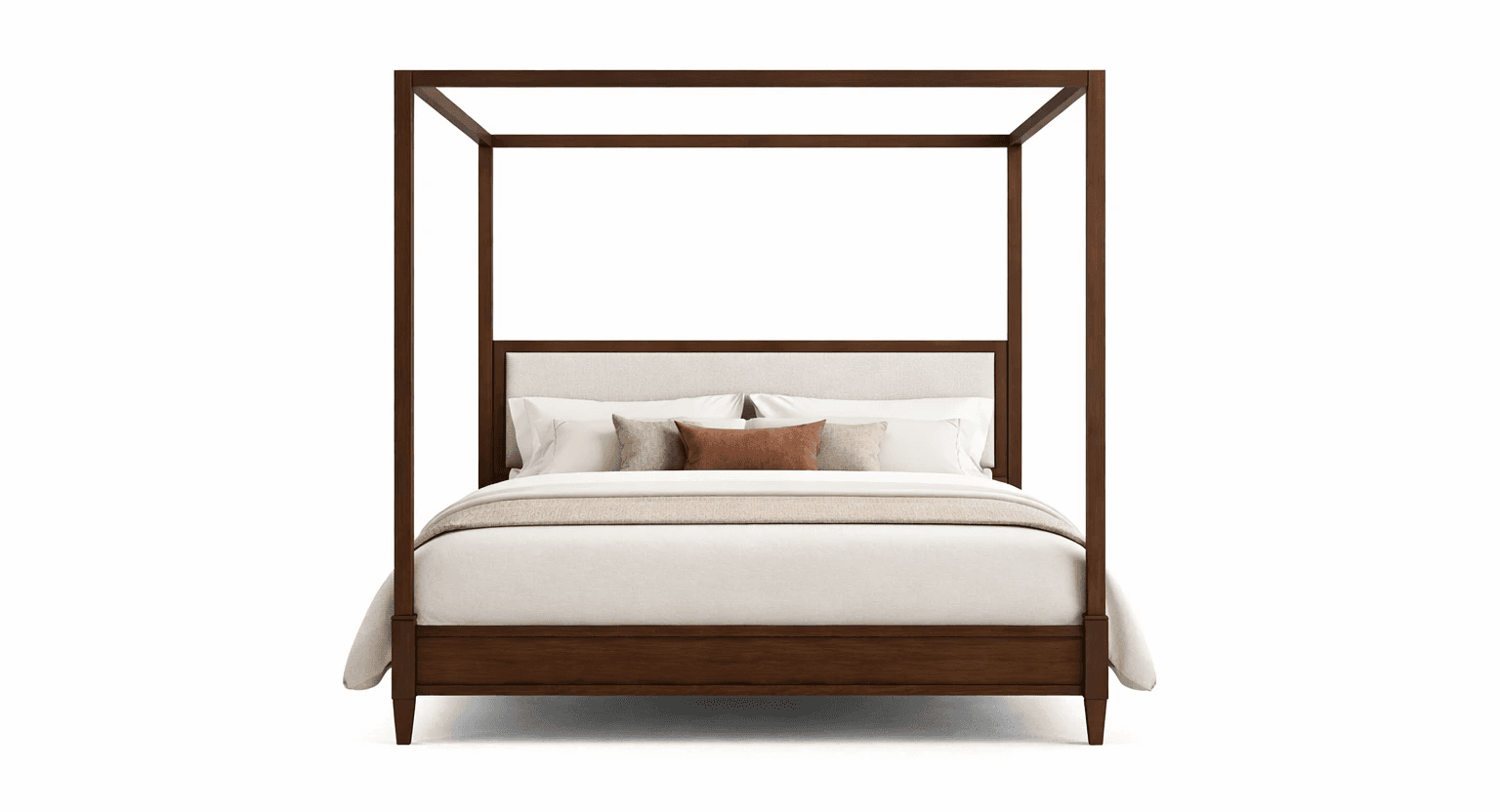Four‑poster bed with squared wooden posts and enclosed frame design