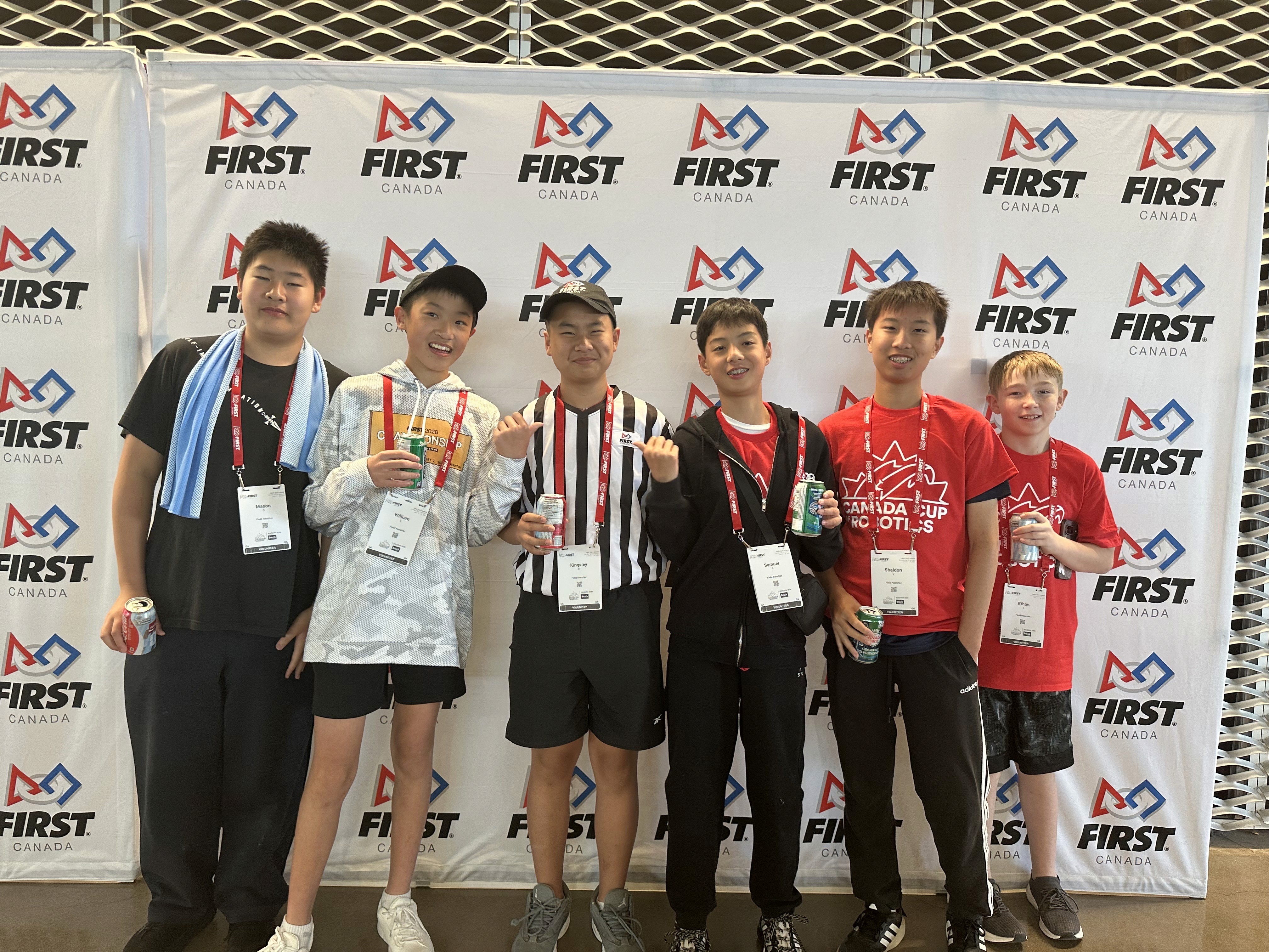 SolversMind students Kingsley Chen, William Li, Samuel Pan, Mason Ding, and Sheldon Ye volunteering at the Canada Cup of Robotics in Niagara