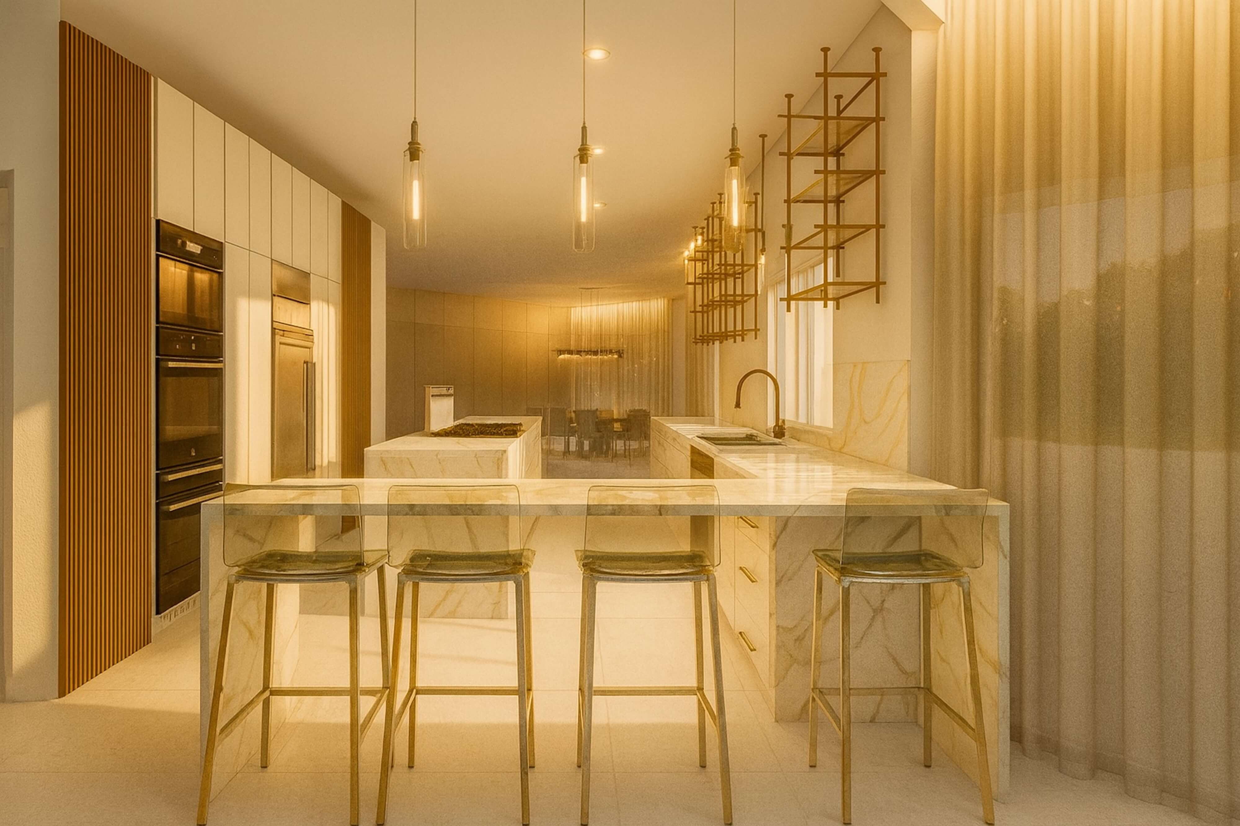 Open concept kitchen featuring a marble island, gold bar stools, and pendant lighting that highlights a modern luxury condo interior design.