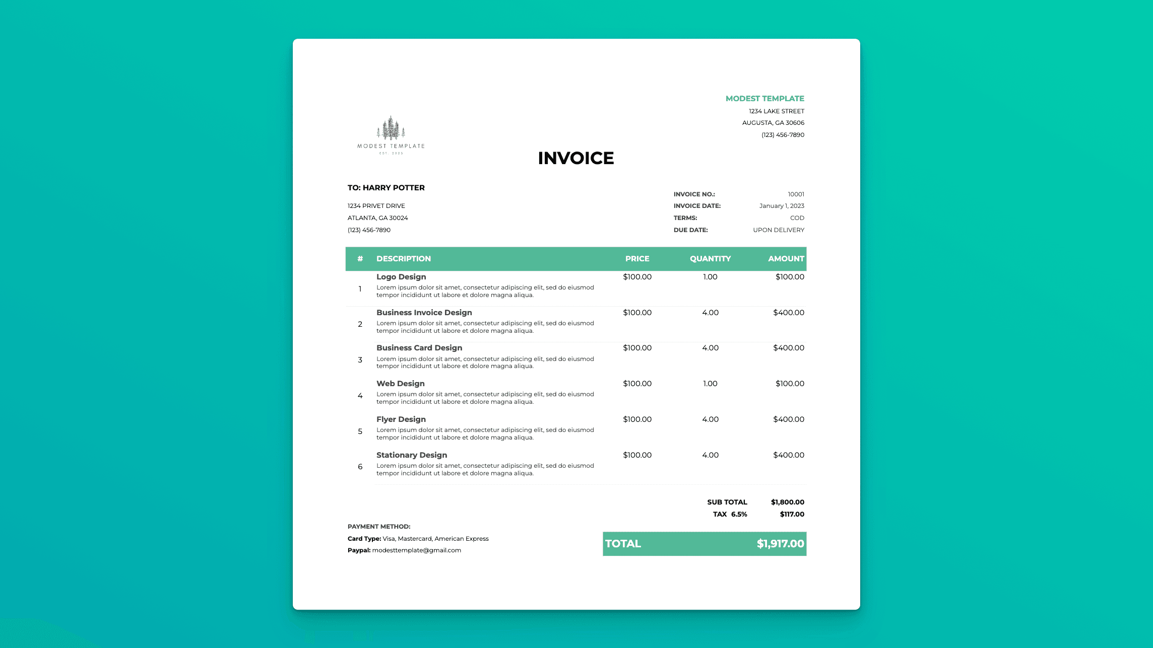 Invoice spreadsheet template with line items, payment terms, and automatically calculated totals.