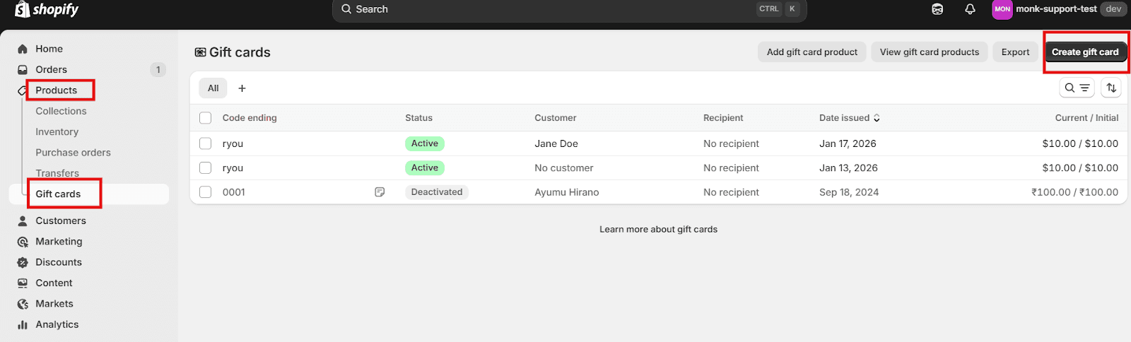 Creating an admin-issued gift card manually in Shopify