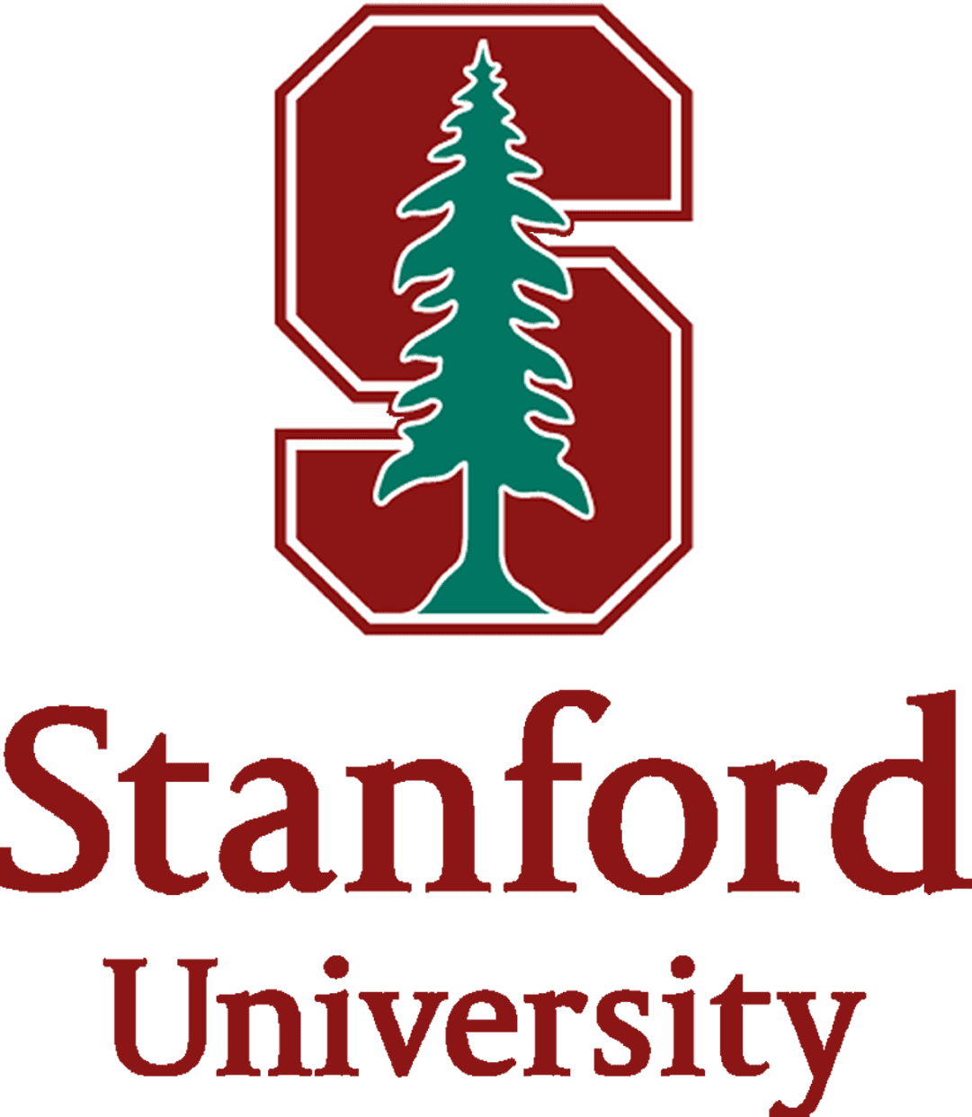 The image features the Stanford University logo, showcasing a stylized red "S" with a green tree in the center, representing the prestigious educational institution.