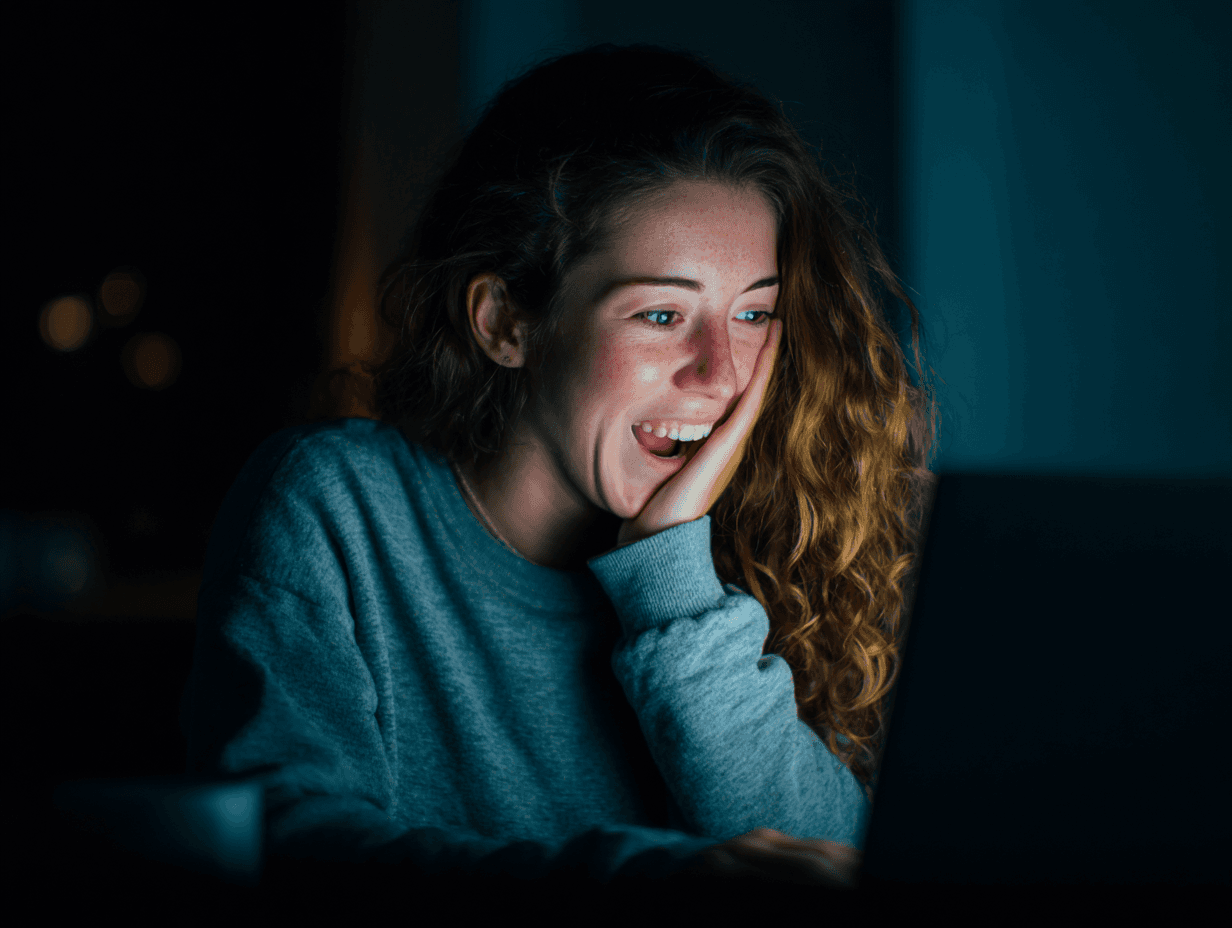 Woman looking at her laptop happily and content