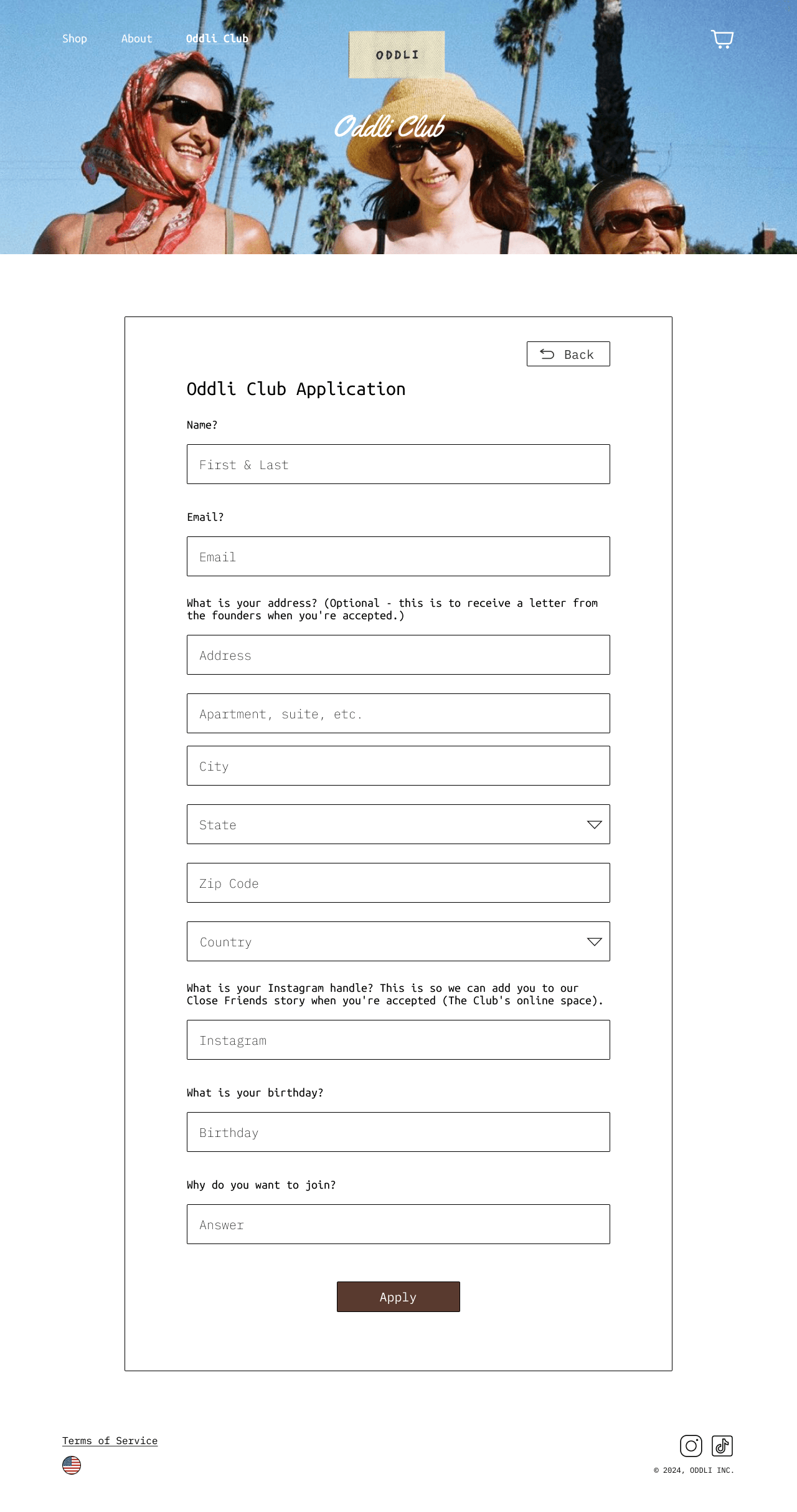Redesigned Oddli Club page explaining membership benefits, showing polaroid grid of models, 'How to Join' section, and Members Login field