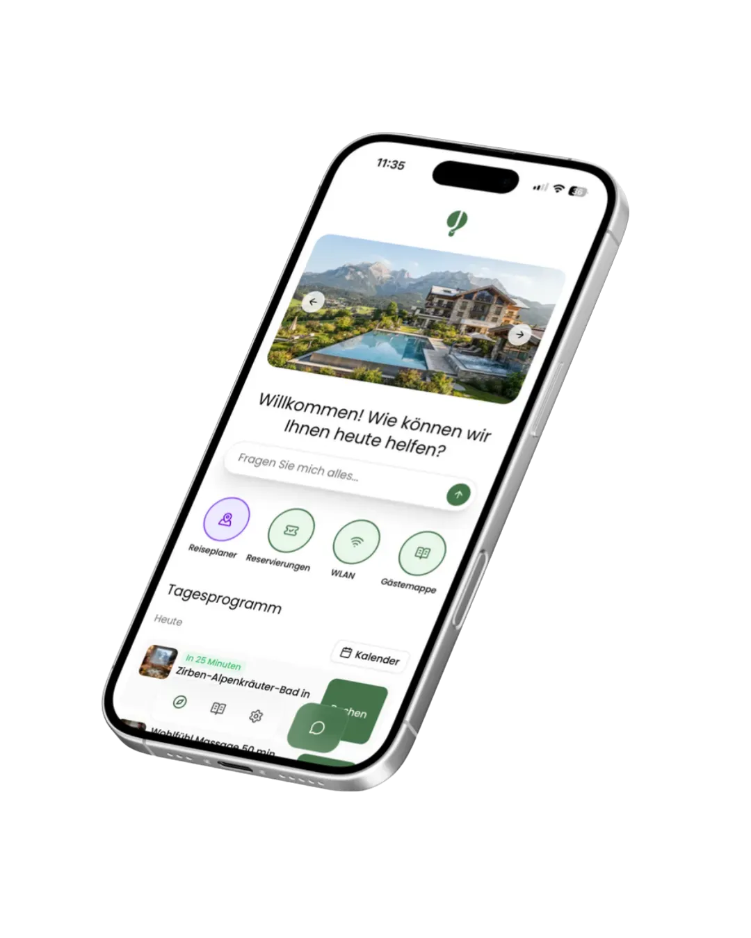 A sleek smartphone displaying a travel booking app interface with vibrant images and navigation icons set against a light background.