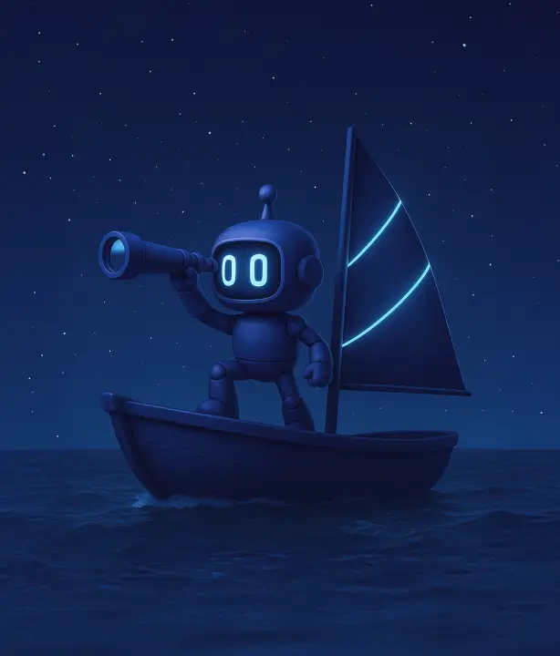 AI generet billede af robot der står på en båd med en kiggert og ser ud i horisonten til ONLINECITY.IO's branding