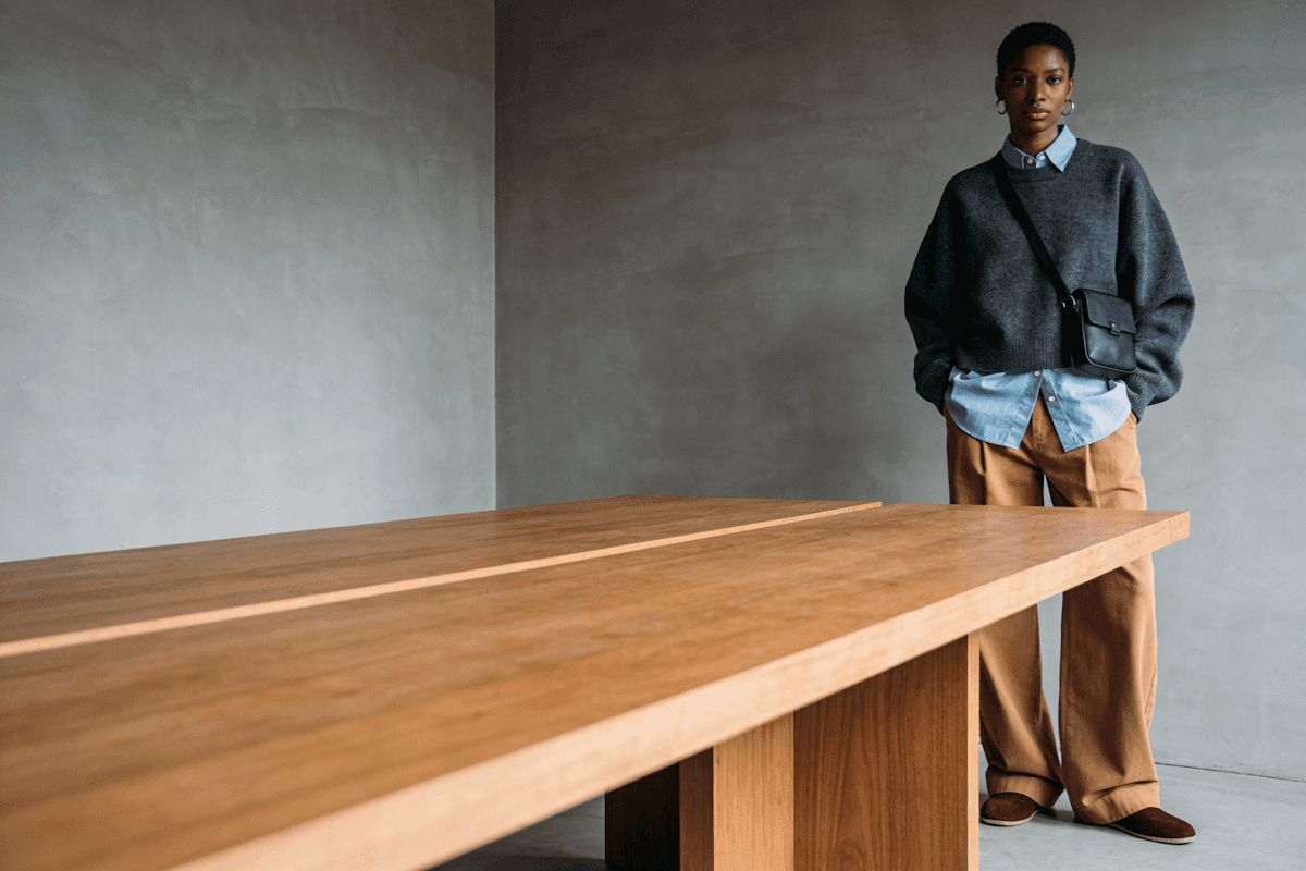 A stylish woman standing close to a table