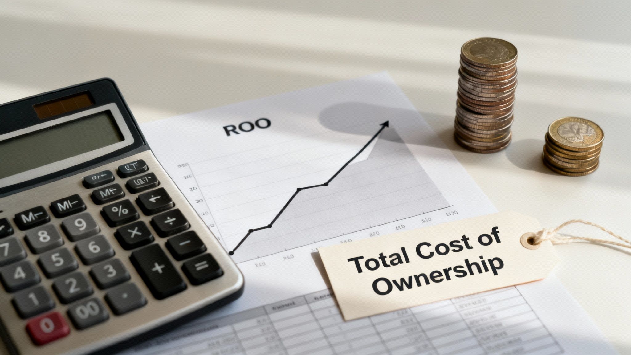 Calculator, coins, and a graph illustrating rising Total Cost of Ownership on a desk.