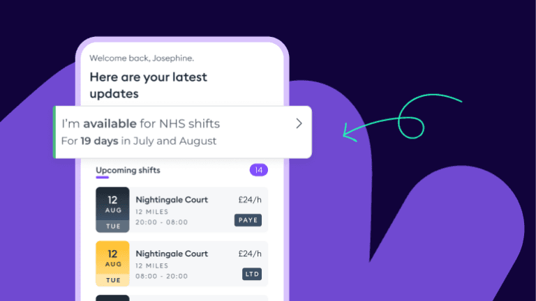 A screenshot of the Florence app on a purple background showing NHS shift availability notifications and a list of hospital trusts