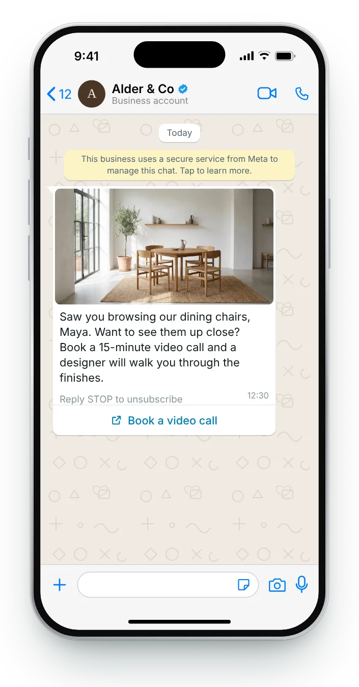 Offer a call with a designer: WhatsApp browse follow-up on an iPhone