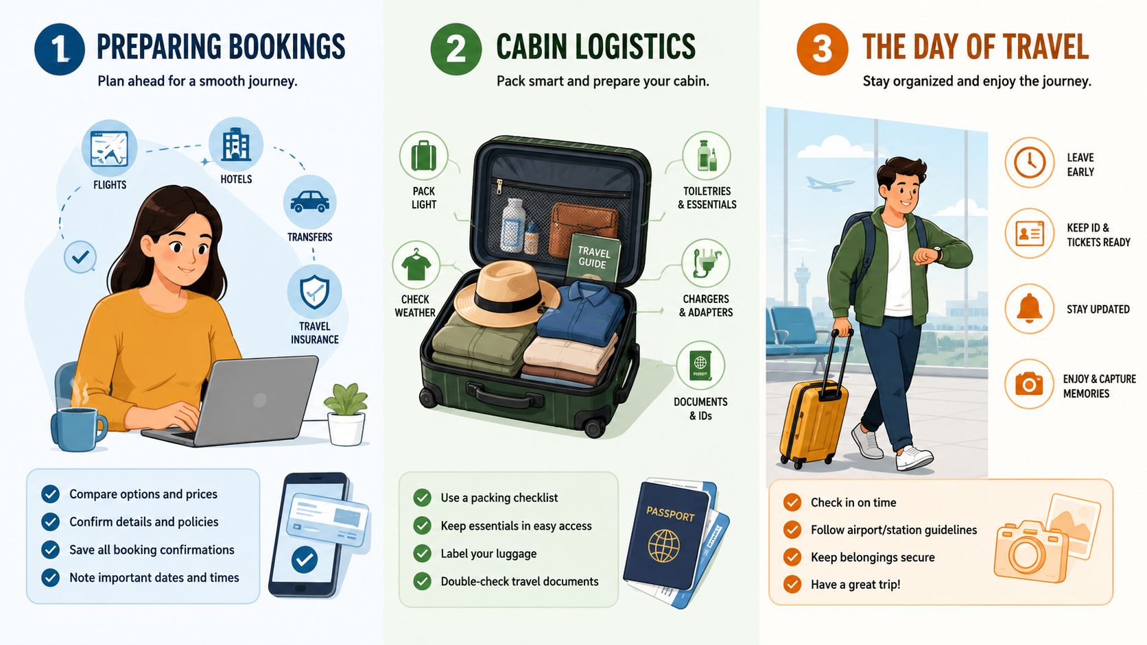 An infographic illustrating three steps for travel planning: preparing bookings, packing cabin luggage, and preparing for travel day.