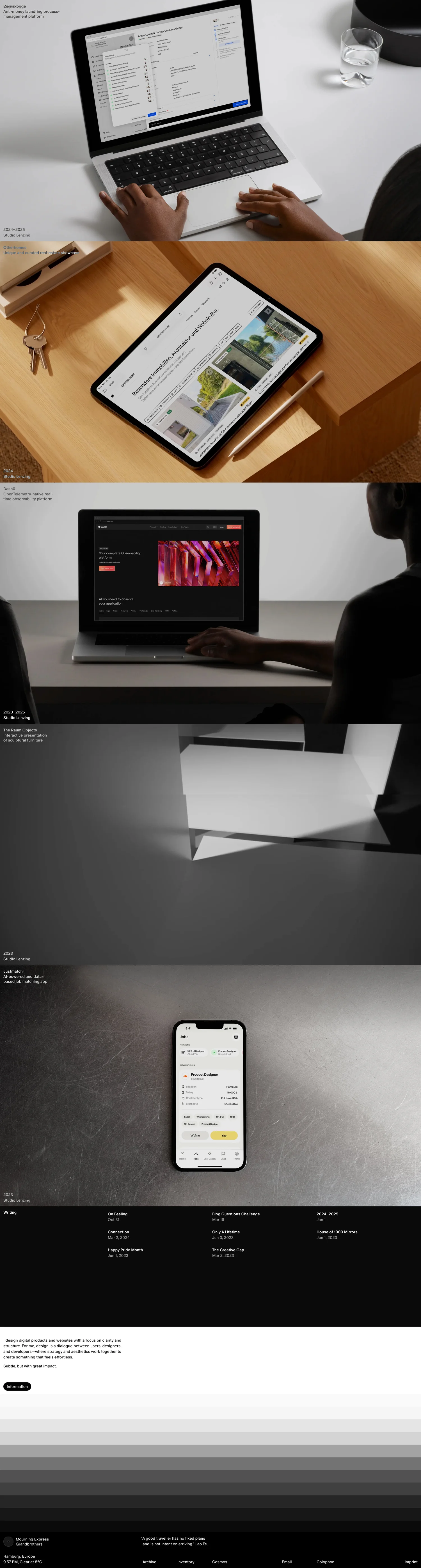 The website provides information about Linus Rogge, showcasing his work, projects, and professional background.