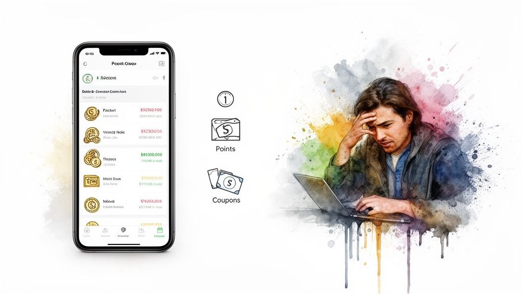 Smartphone showing a loyalty rewards app and icons, with a man stressed at his laptop.
